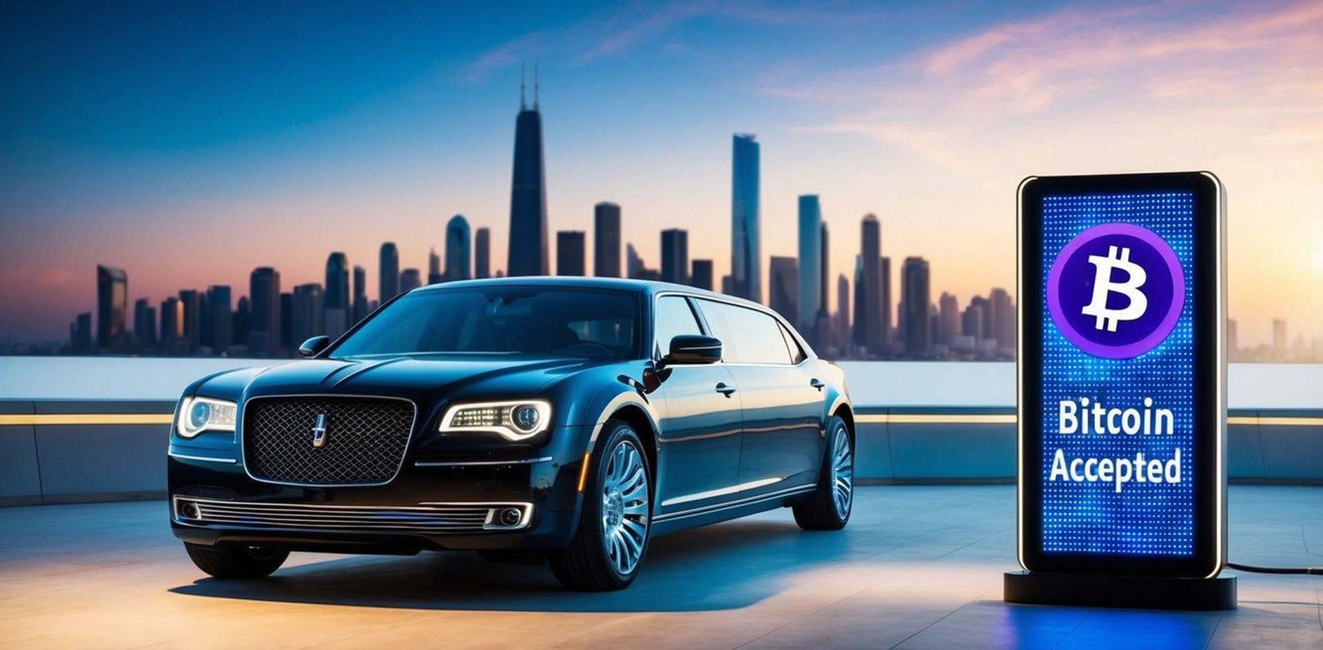 A sleek limousine pulls up to a futuristic city skyline, with a digital sign displayingBitcoin Accepted on the side