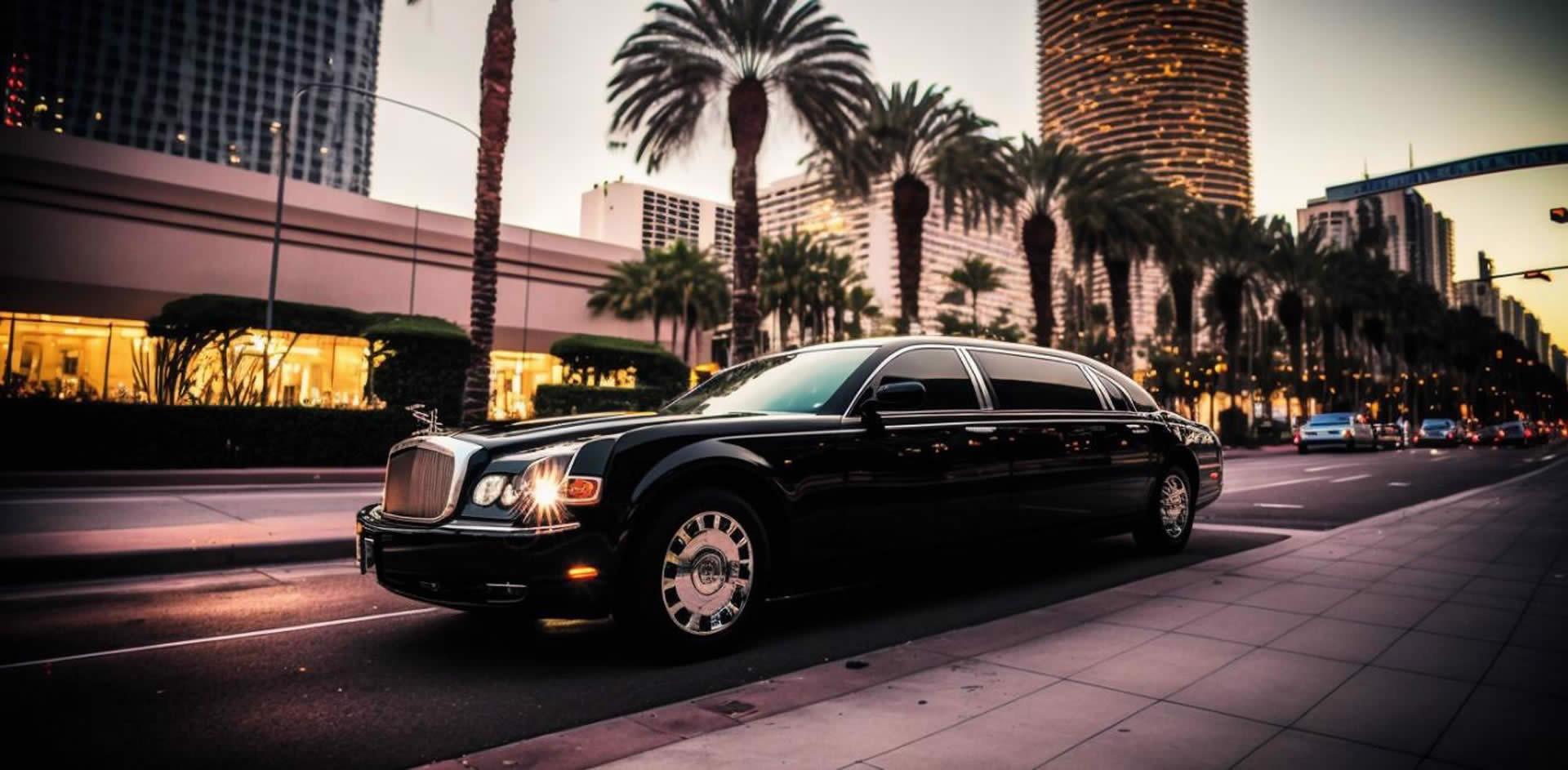 A limo is standing on a street with palm trees