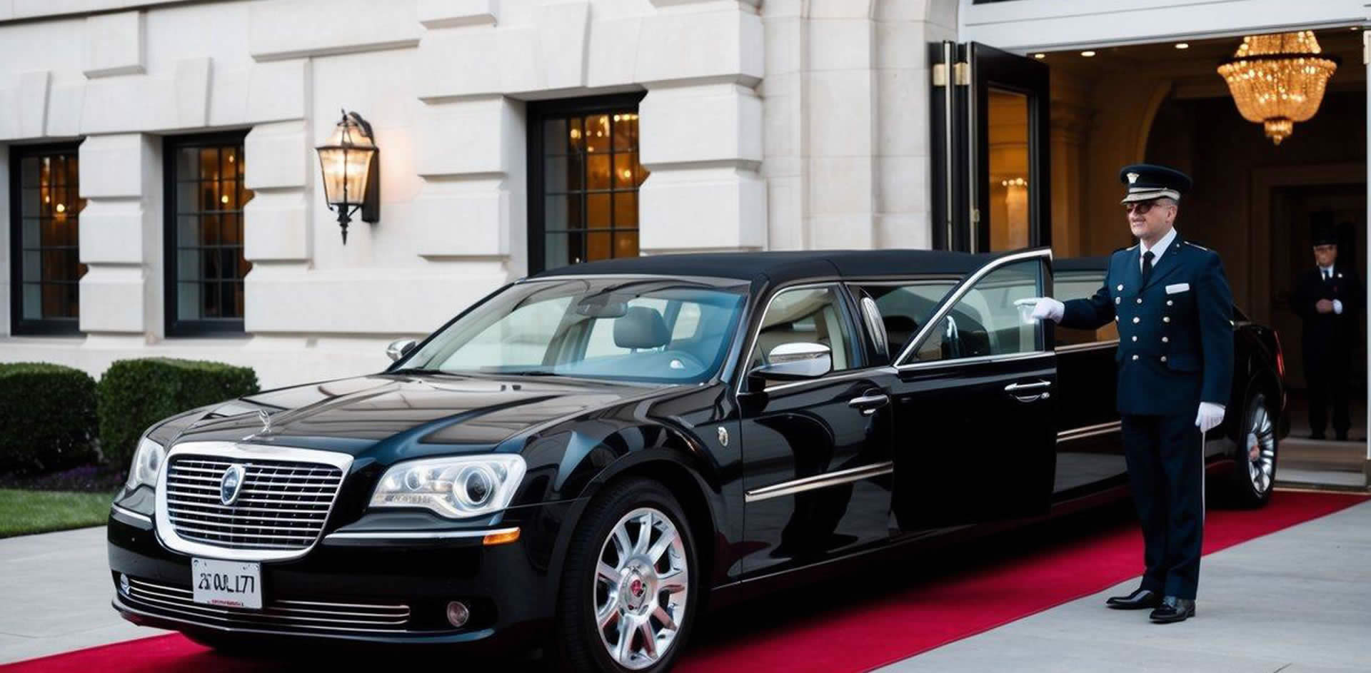 A sleek limousine parked outside a grand entrance, with a uniformed chauffeur holding the door open. Red carpet leading up to the vehicle