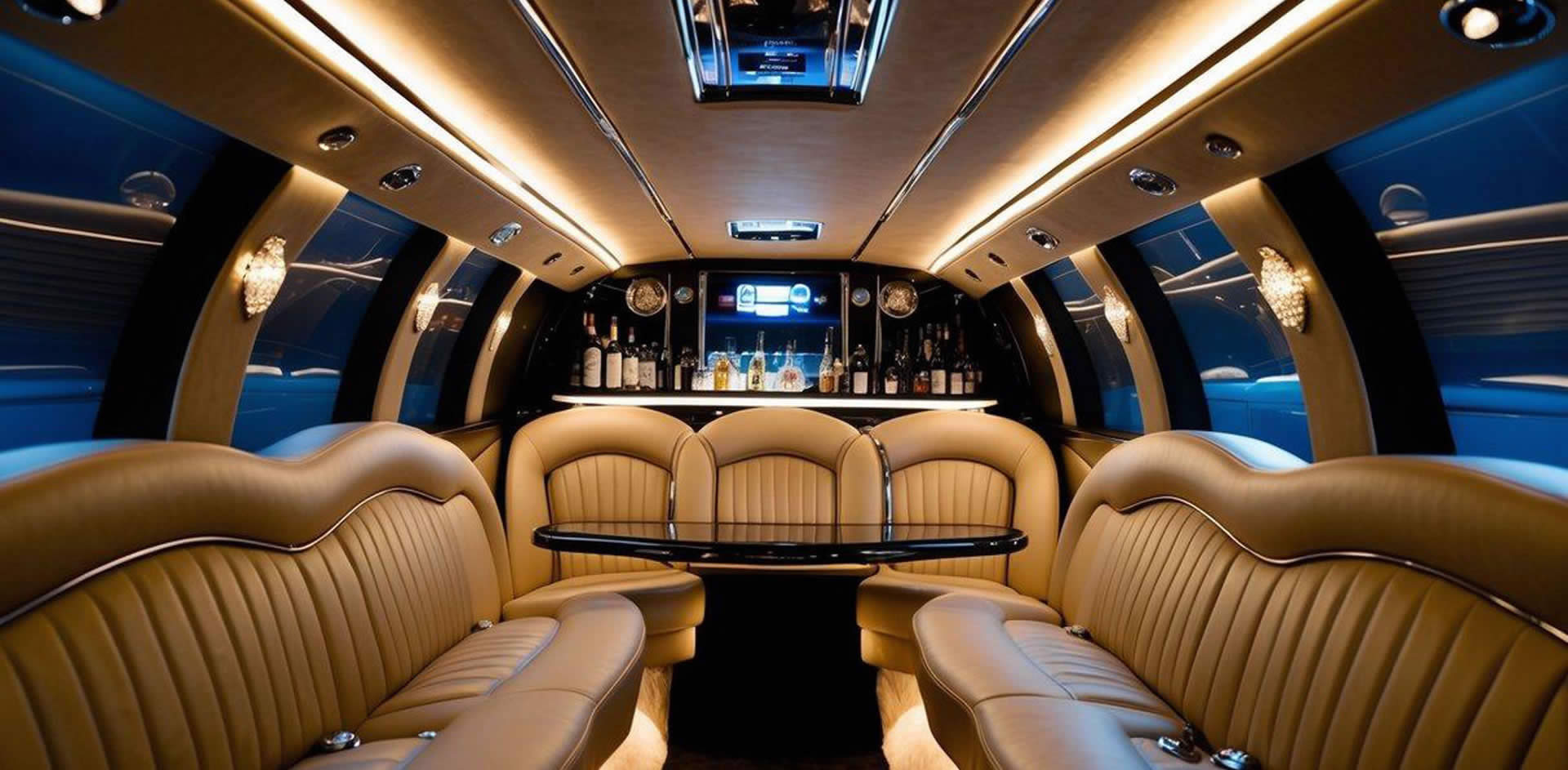 A luxurious limousine interior with elegant decor and soft mood lighting, showcasing a well-stocked bar and comfortable seating for a sophisticated experience