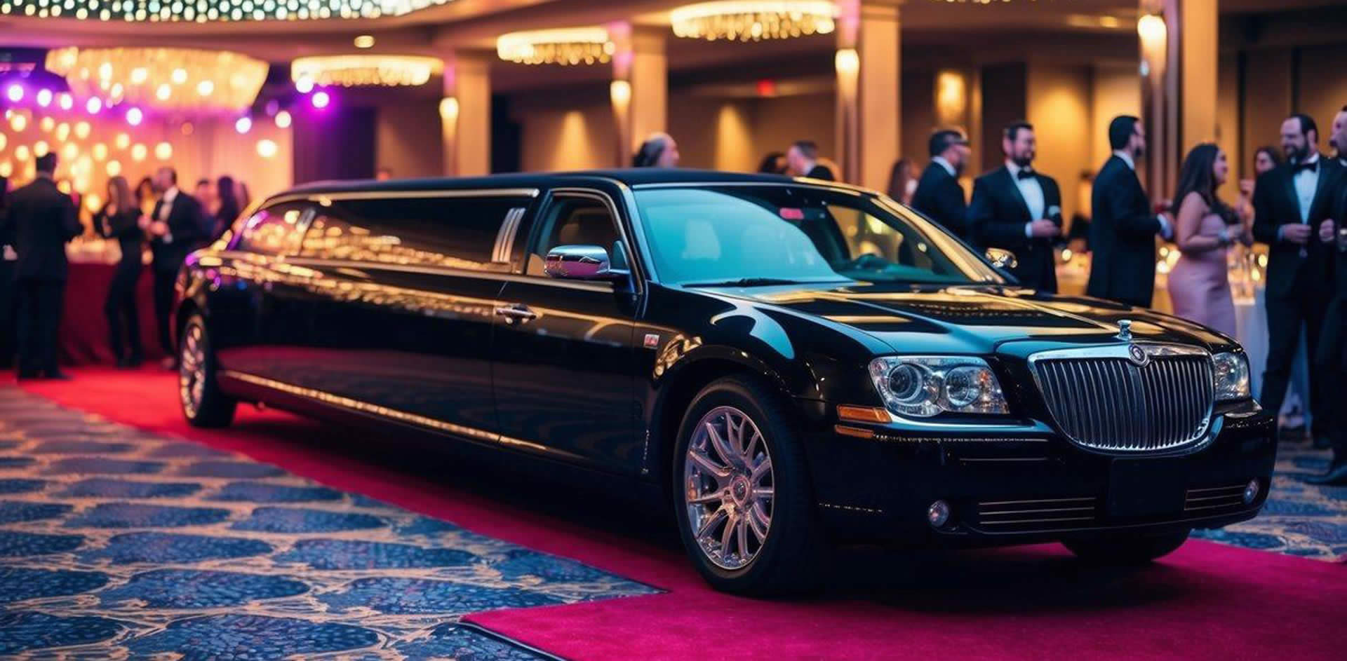 A limo is standing on a red carpet in a hall.