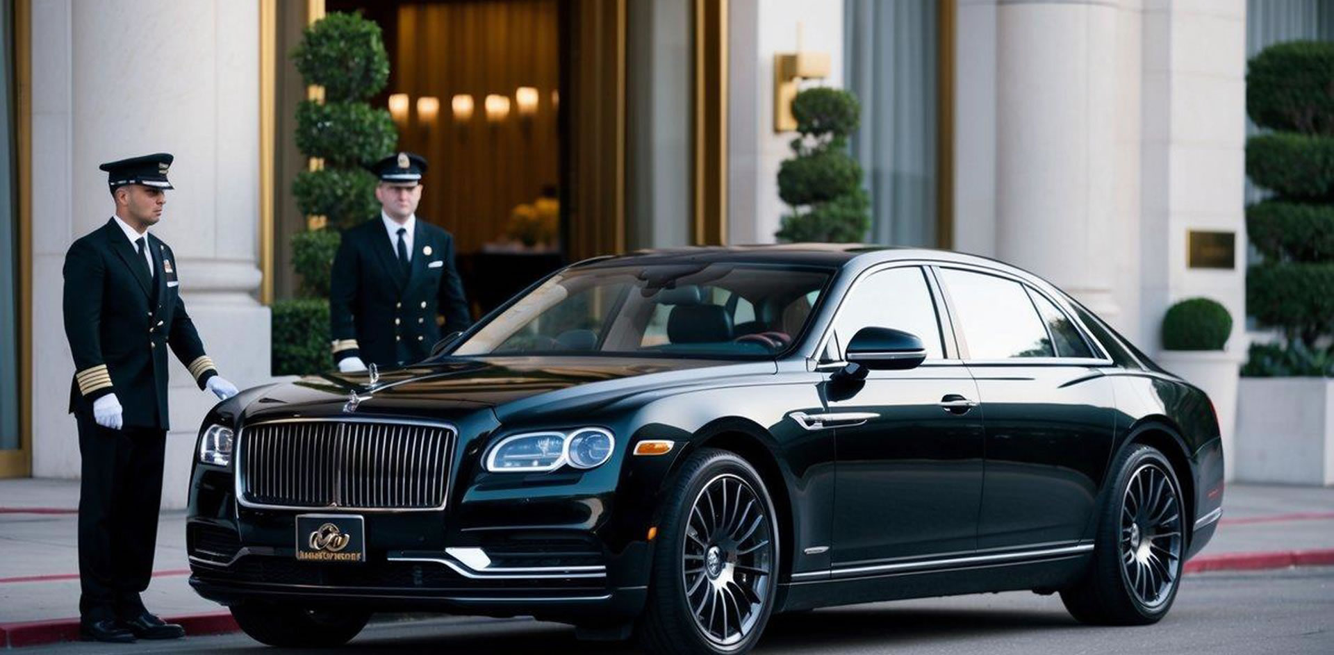 A sleek black luxury car with tinted windows pulls up to a grand hotel entrance in downtown Los Angeles. A uniformed chauffeur stands by the open door, ready to assist a distinguished passenger