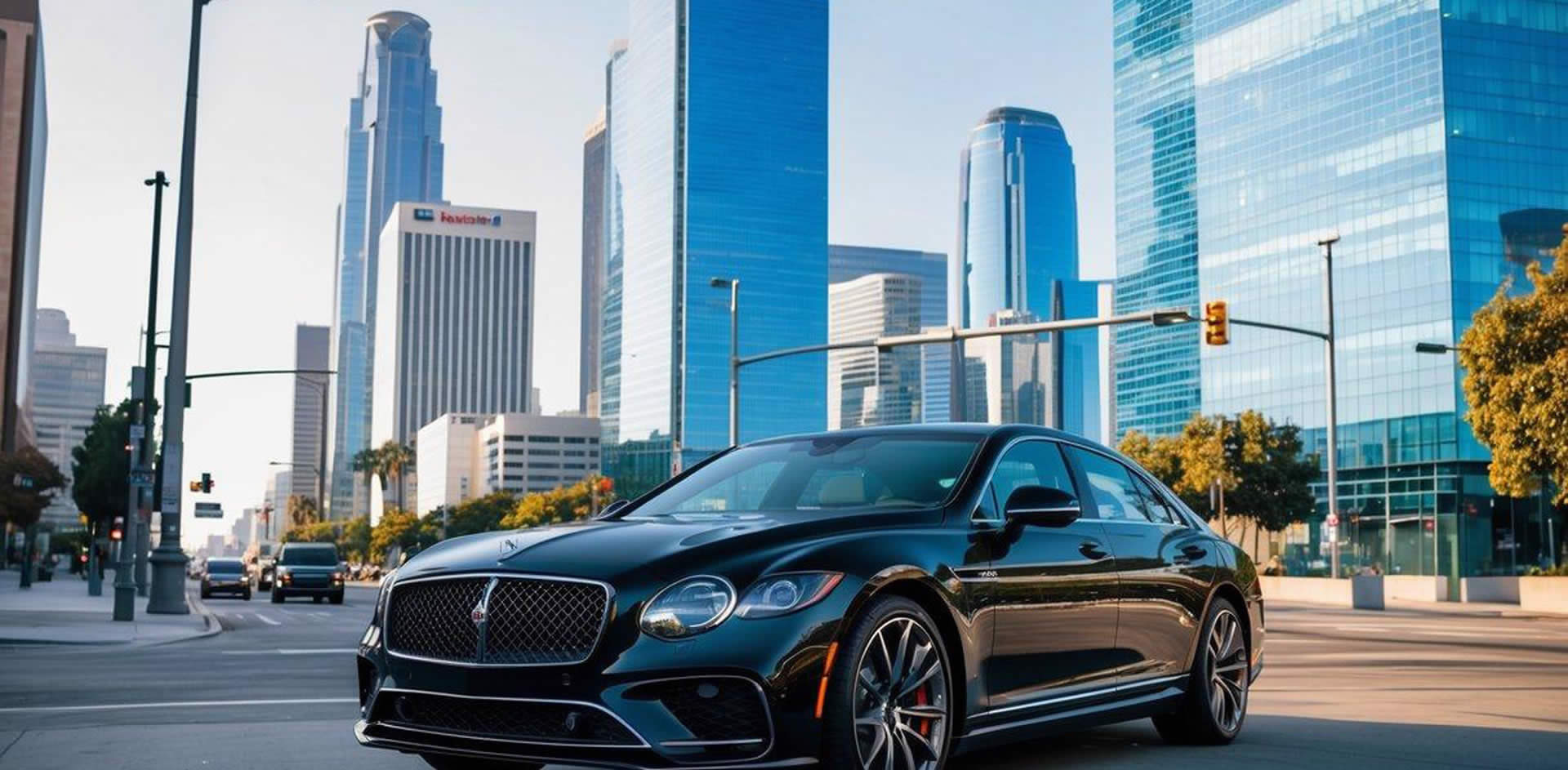 A sleek black luxury car waits in front of a modern office building in downtown Los Angeles, surrounded by tall glass skyscrapers and bustling city streets