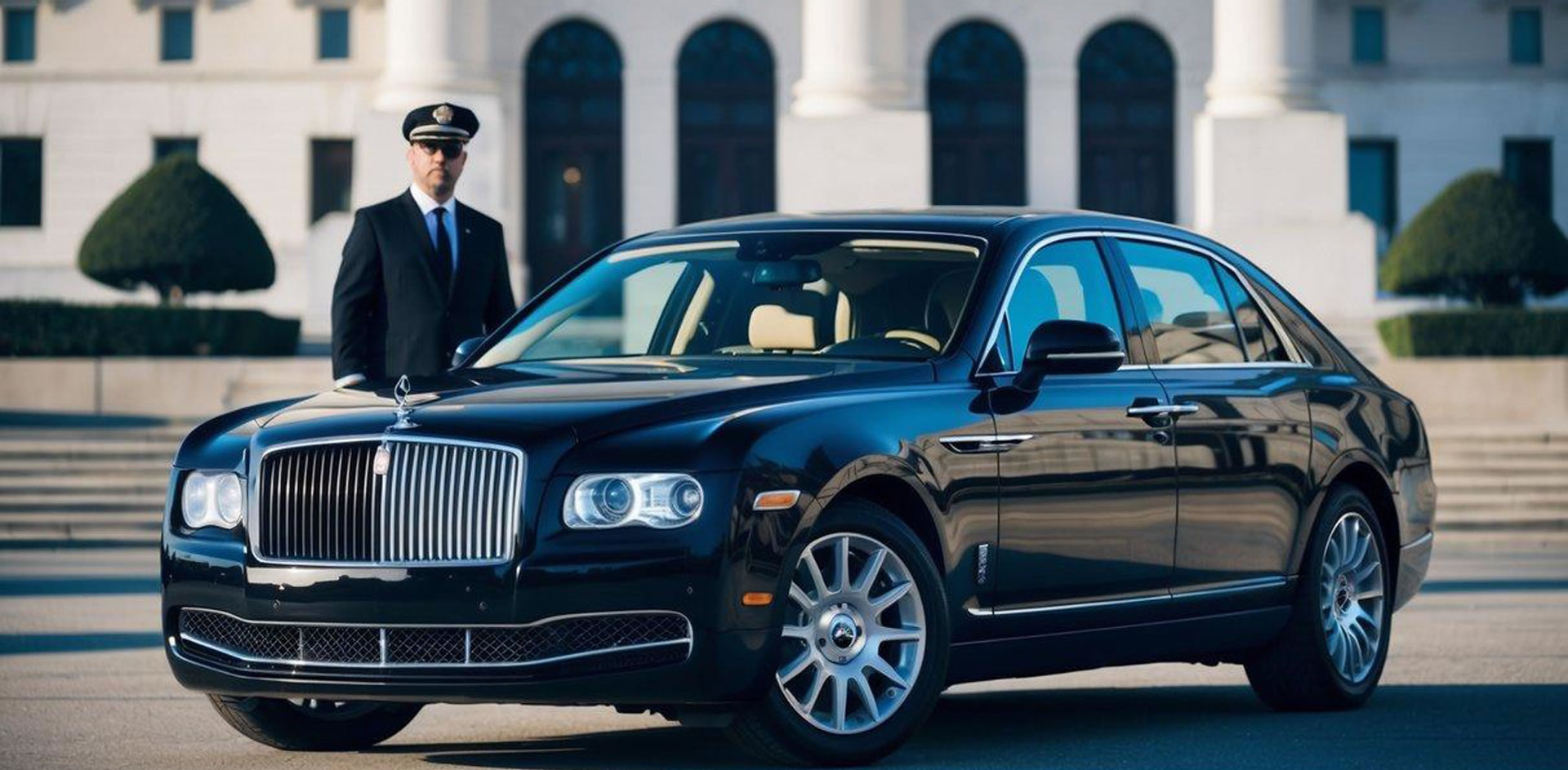 A luxury car with a chauffeur parked in front of a grand building in Los Angeles