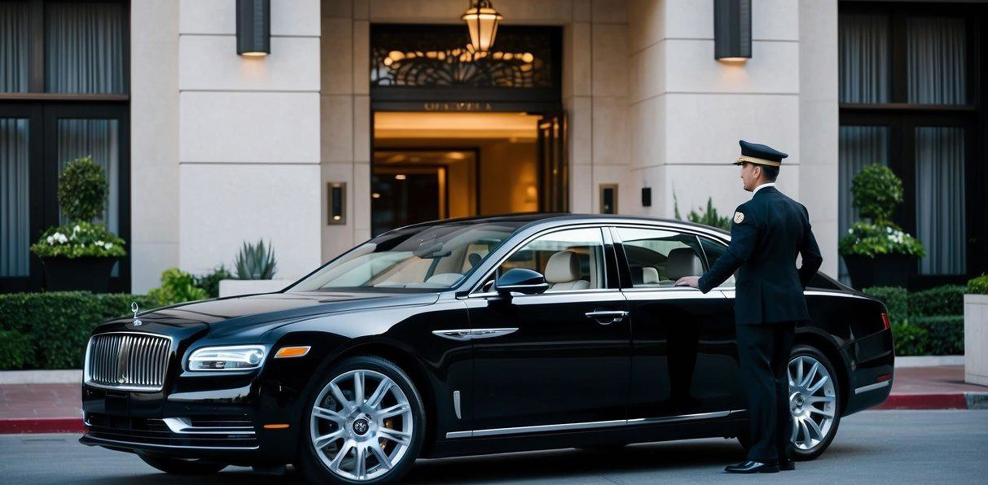 A sleek black luxury car pulls up to a grand hotel entrance in downtown Los Angeles, with a professional chauffeur standing by to open the door for a distinguished
				 guest