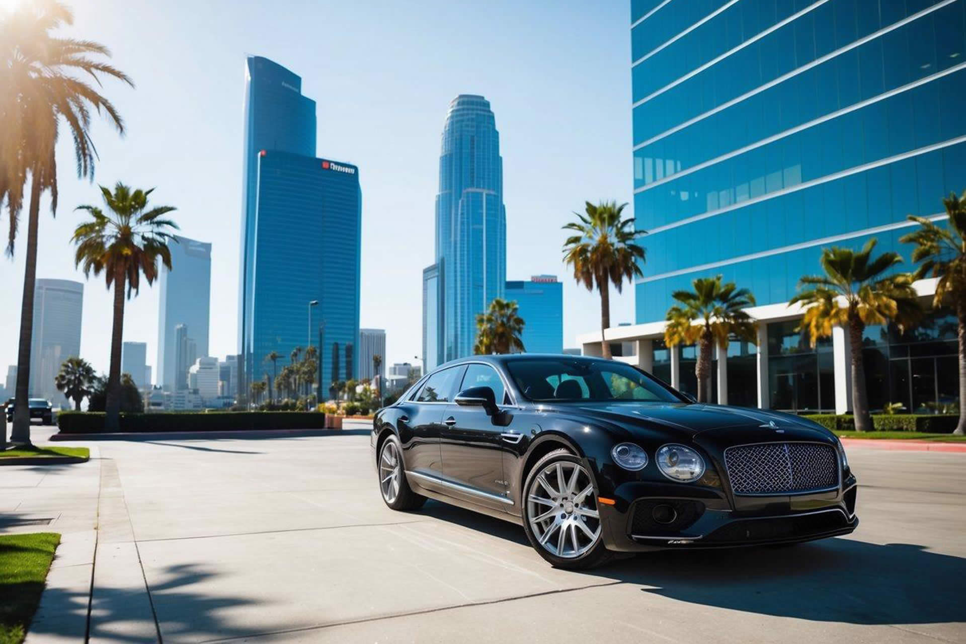 A sleek black luxury car waits outside a modern office building in downtown Los Angeles, surrounded by palm trees and city skyscrapers