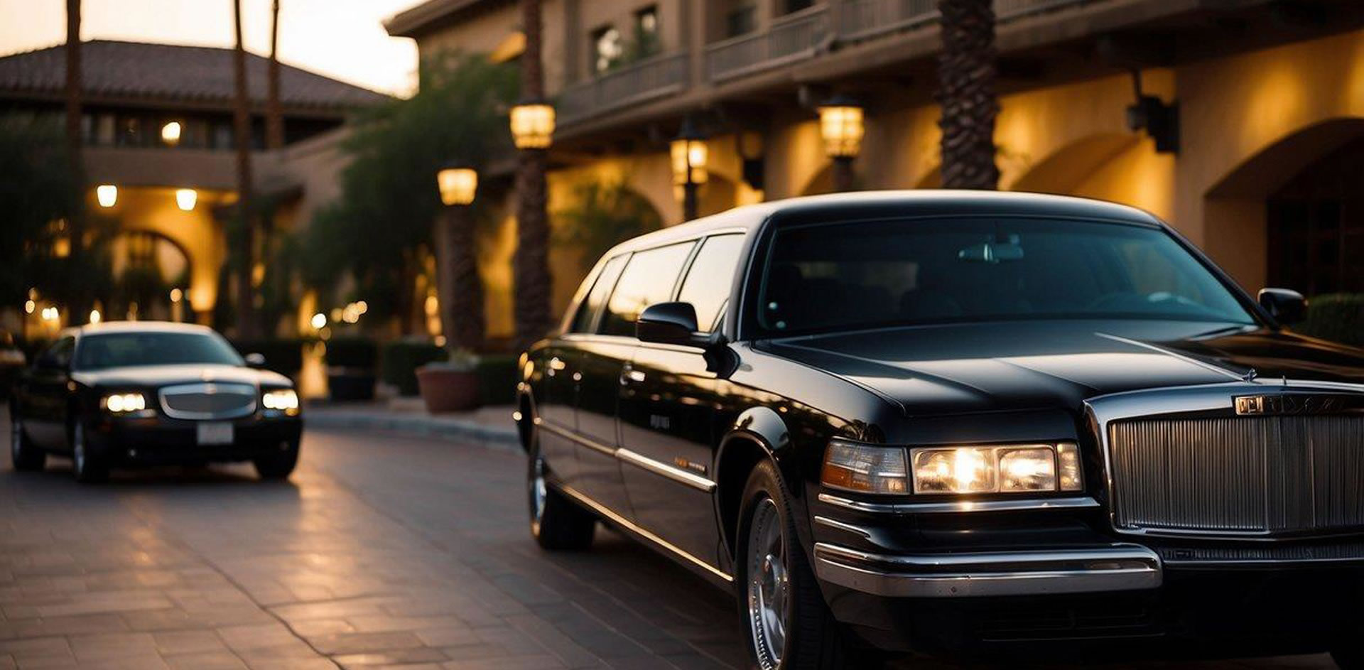 Two Stretch Limousines in front of a villa at night