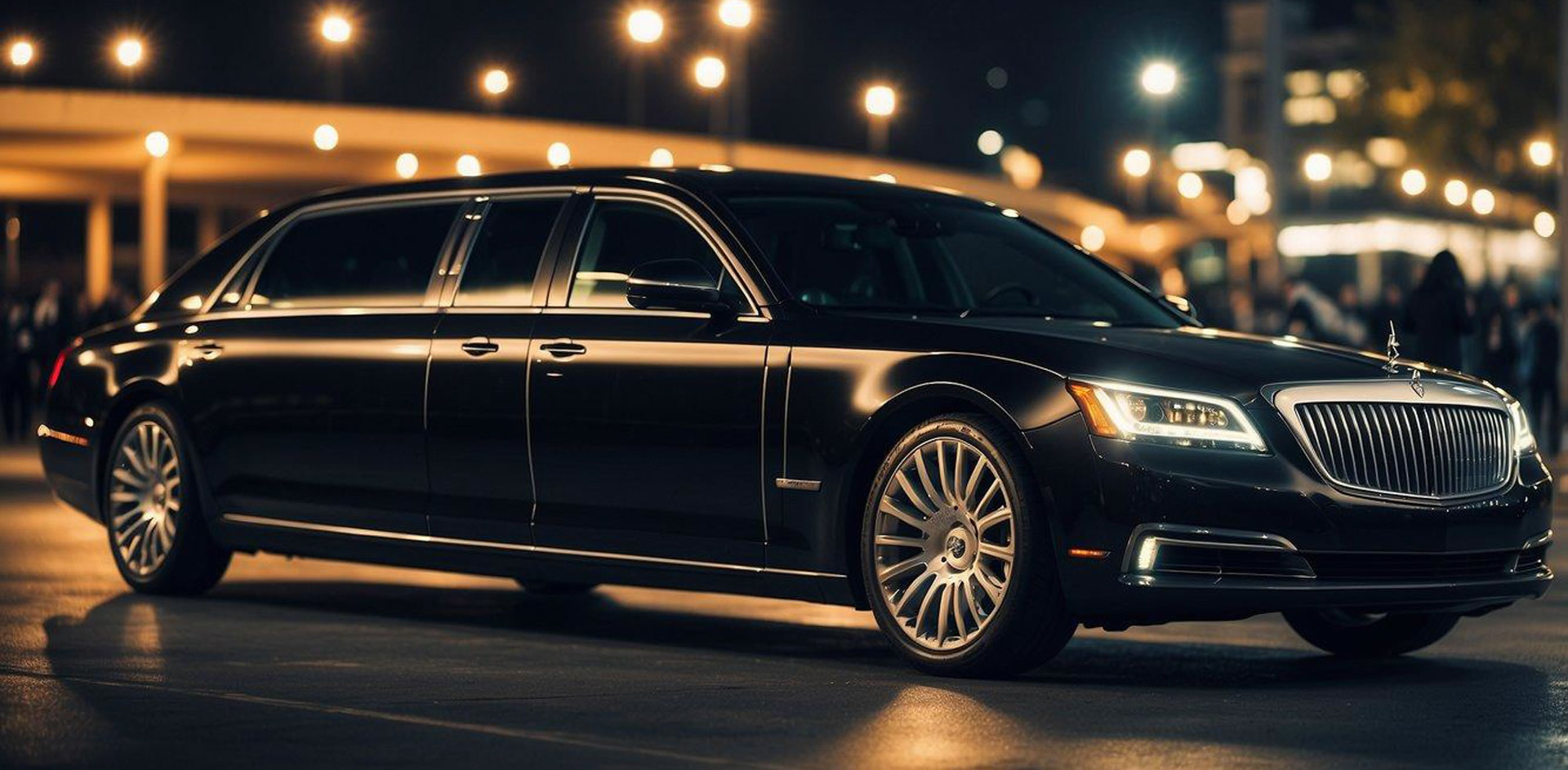 A Stretch Limousines in front of a bridge at night