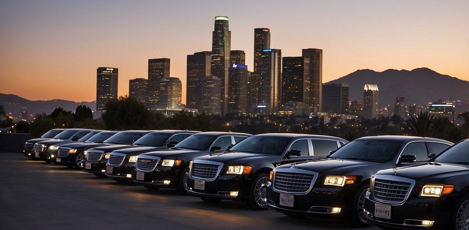 A row of sleek limousines lined up against the backdrop of the Los Angeles skyline, each one showcasing a different style and luxury option for rental