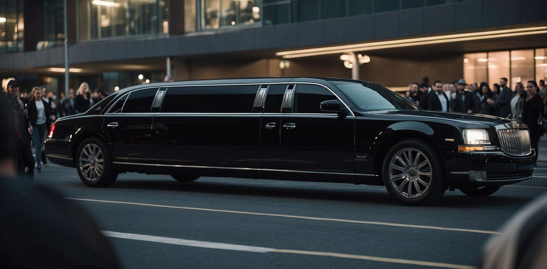 A Stretch Limousines standing in a street surrounded be people