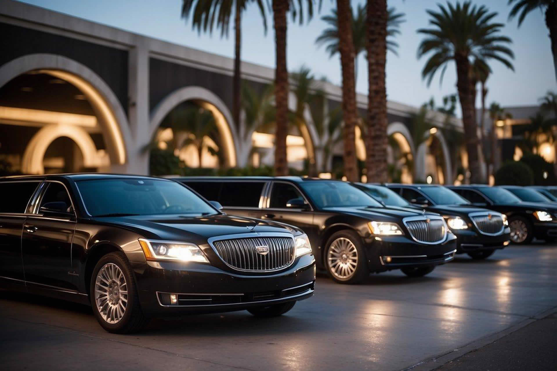 A row of sleek limousines parked outside a Los Angeles venue, ranging from classic stretch models to modern SUV limos, reflecting the city's luxury and glamour