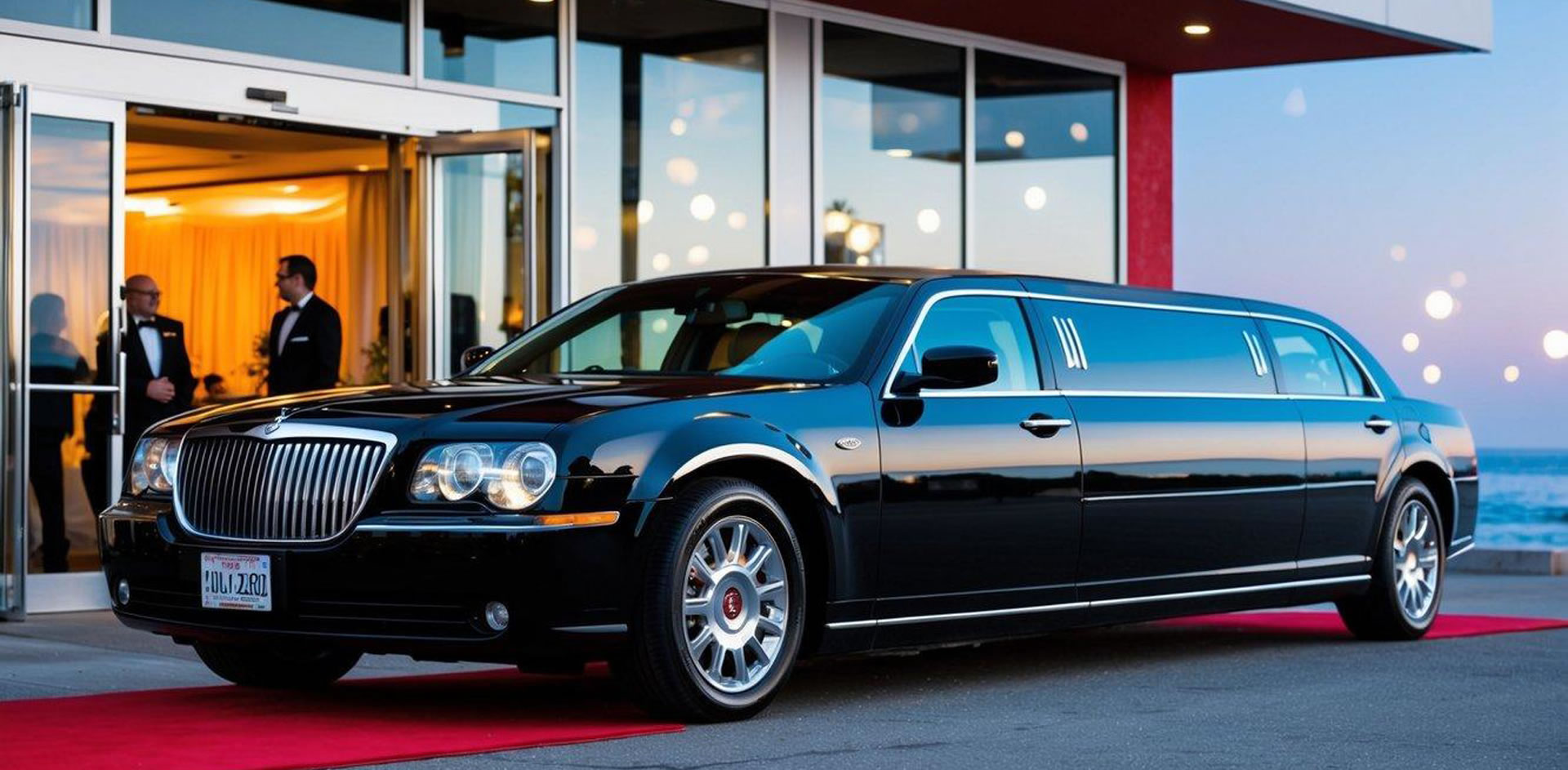 A sleek limousine waits outside a luxury event venue in Manhattan Beach, California, with a red carpet leading up to the open door