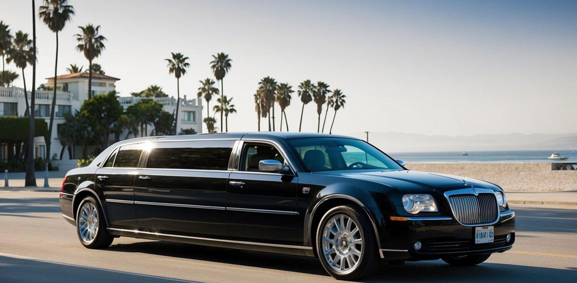 A sleek black limousine pulls up to a luxury hotel in Manhattan Beach, CA, with palm trees swaying in the background