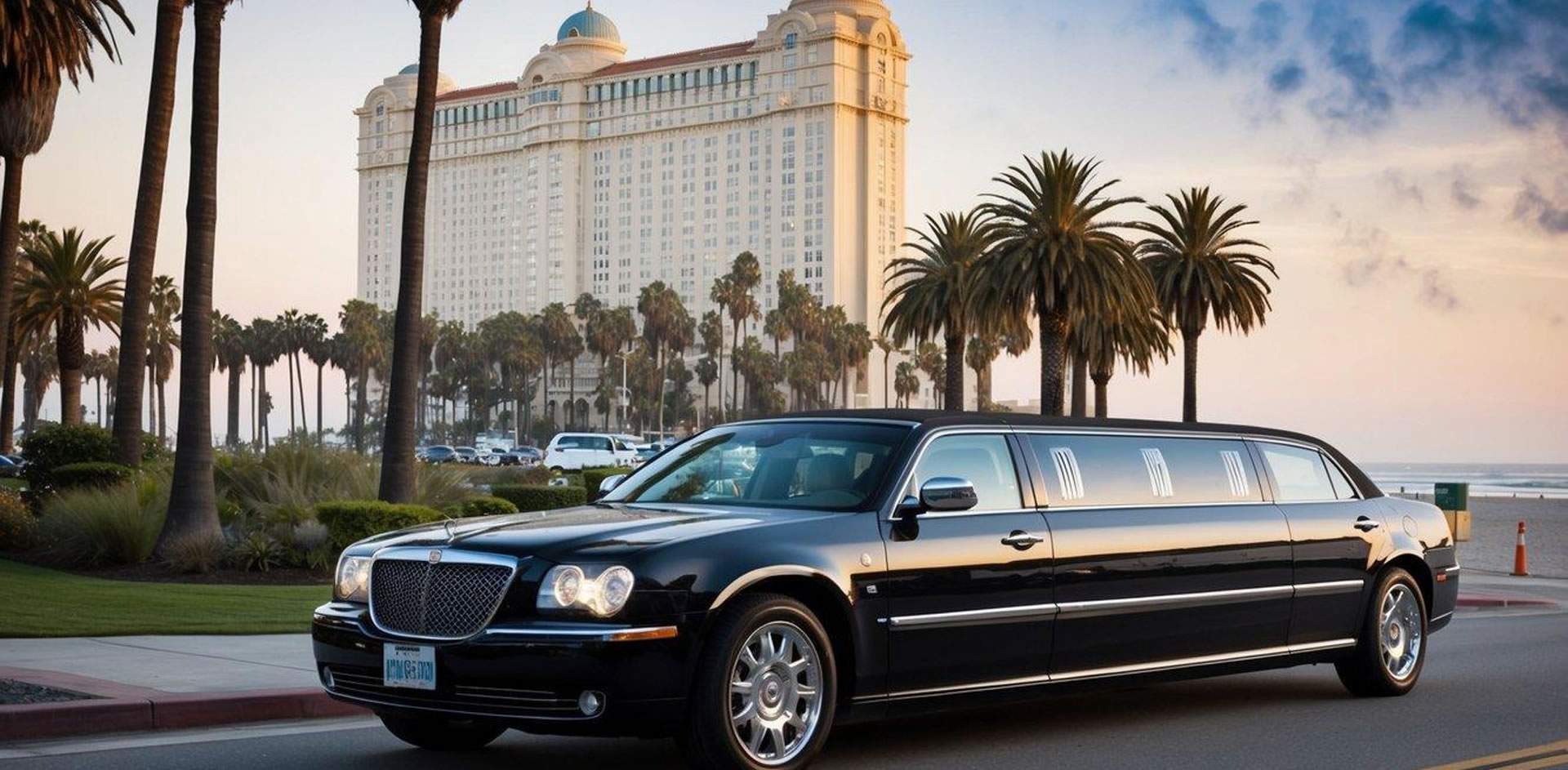 A sleek limousine pulls up to a luxurious hotel in Manhattan Beach, California, with palm trees swaying in the background