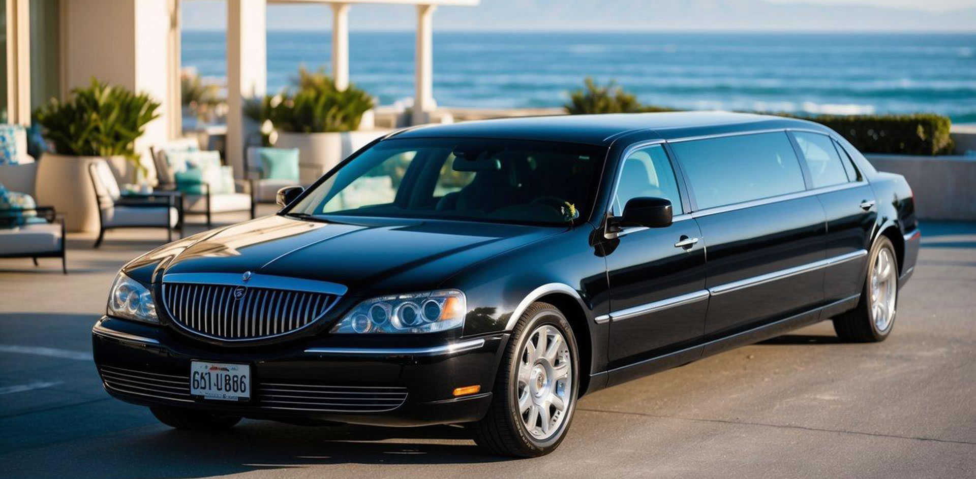 A sleek black limousine parked outside a luxury hotel in Manhattan Beach, California, with the ocean in the background