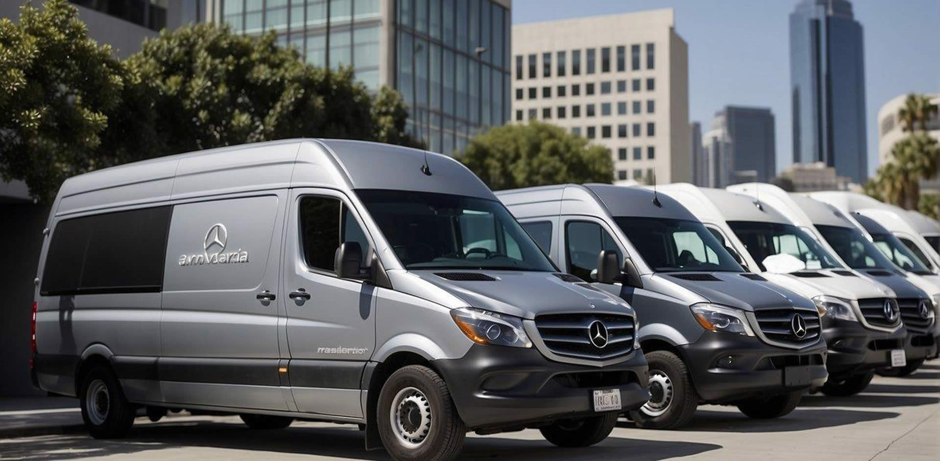 A line-up of sleek Mercedes Sprinter vans parked in front of a modern office building in Los Angeles, with each van showcasing the logo of a top executive transportation company