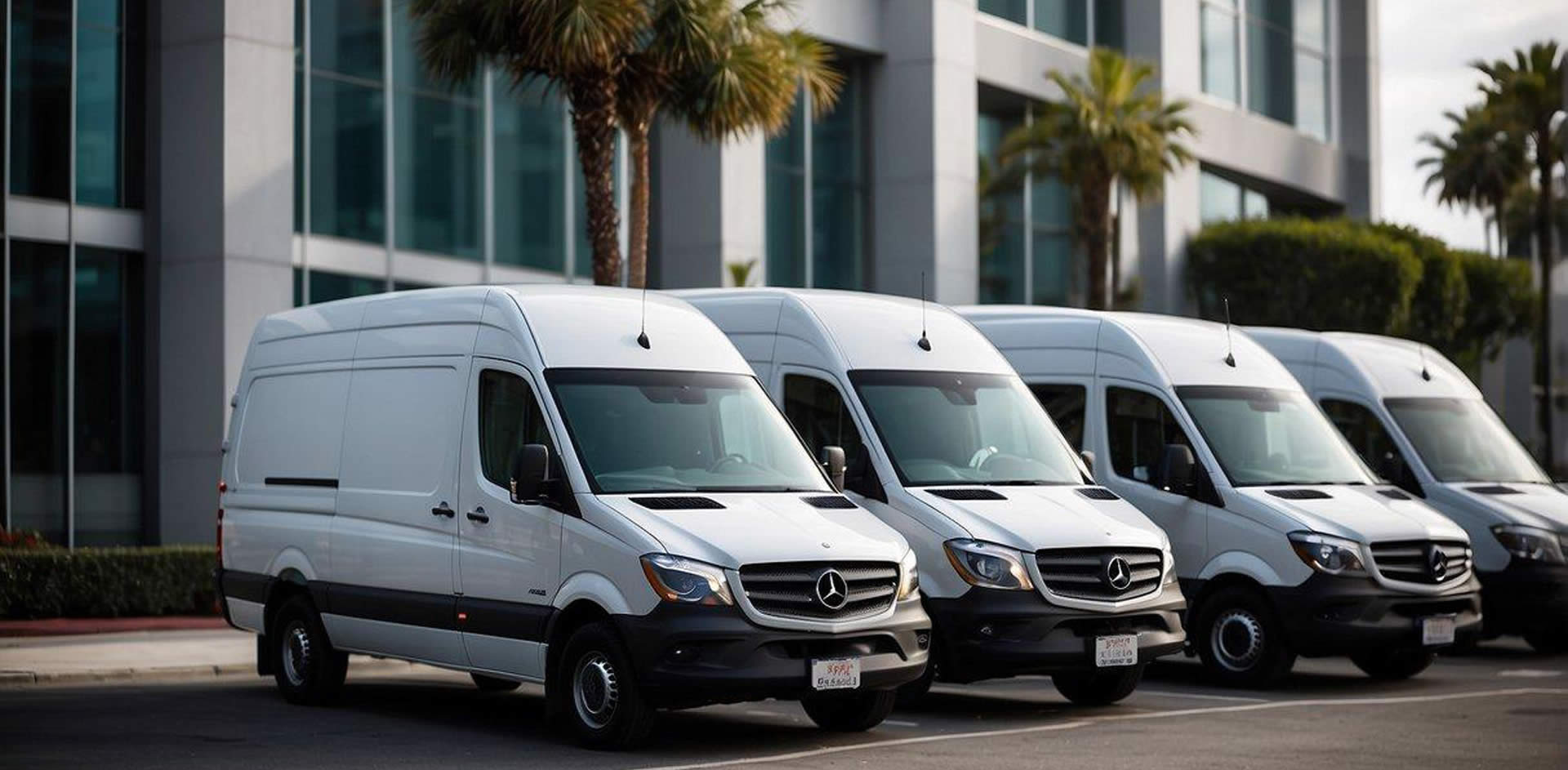 A row of sleek Mercedes Sprinter vans lined up in front of a luxury building in Los Angeles, ready to provide executive transportation services