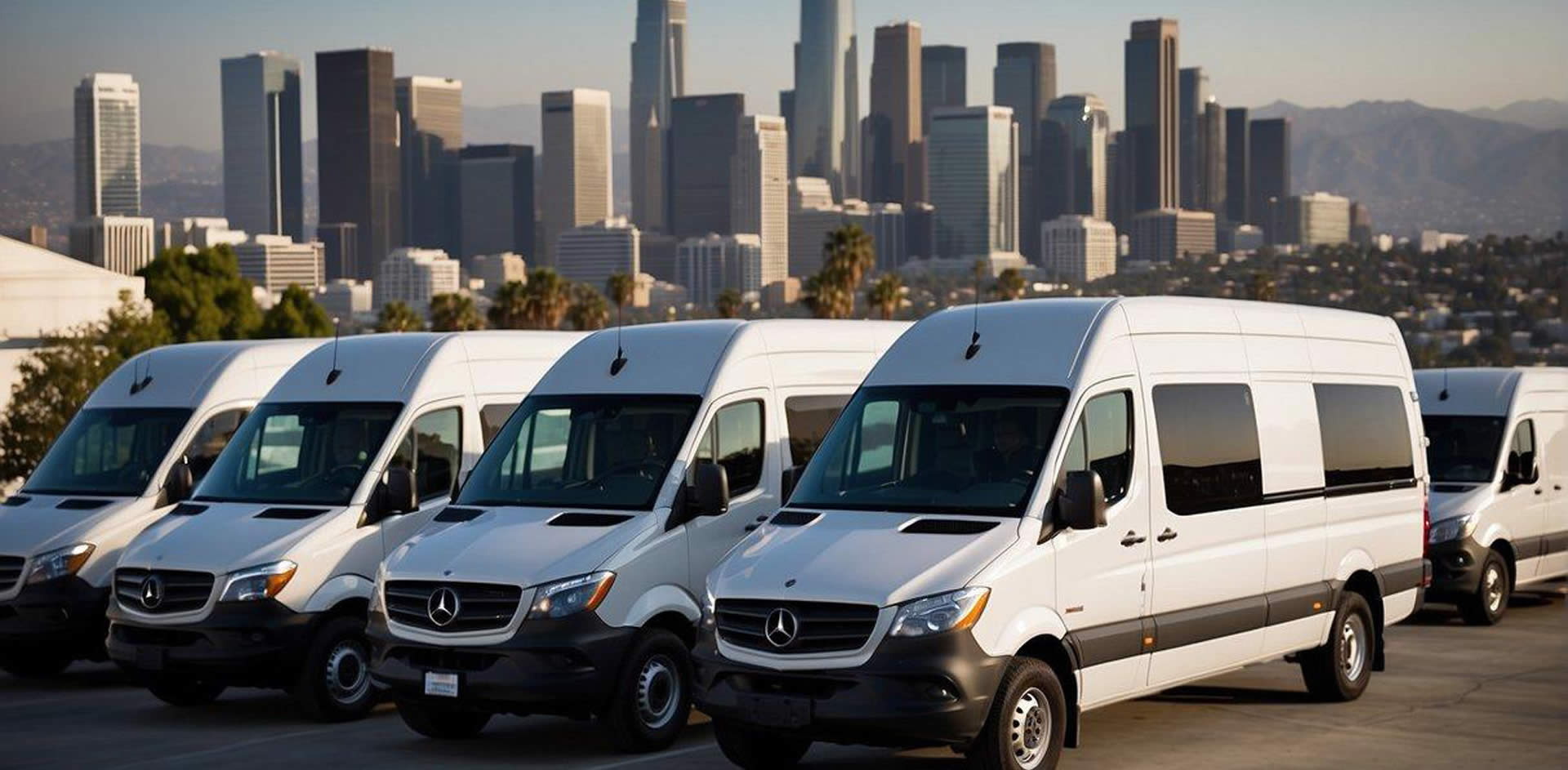 A row of sleek, modern Sprinter vans line up against the backdrop of the Los Angeles skyline, showcasing their capacity and luxury features for executive transportation