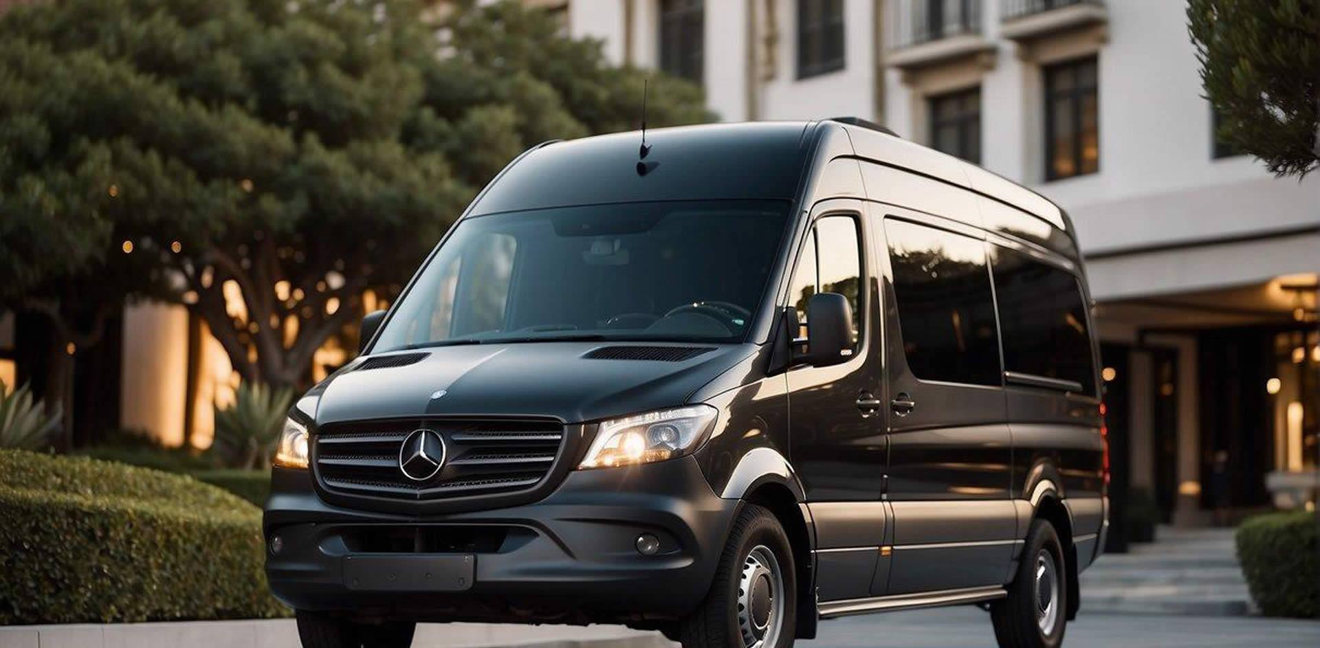 A Mercedes Sprinter van parked in front of a luxury hotel in Los Angeles, with a chauffeur standing by, ready to provide executive transportation services