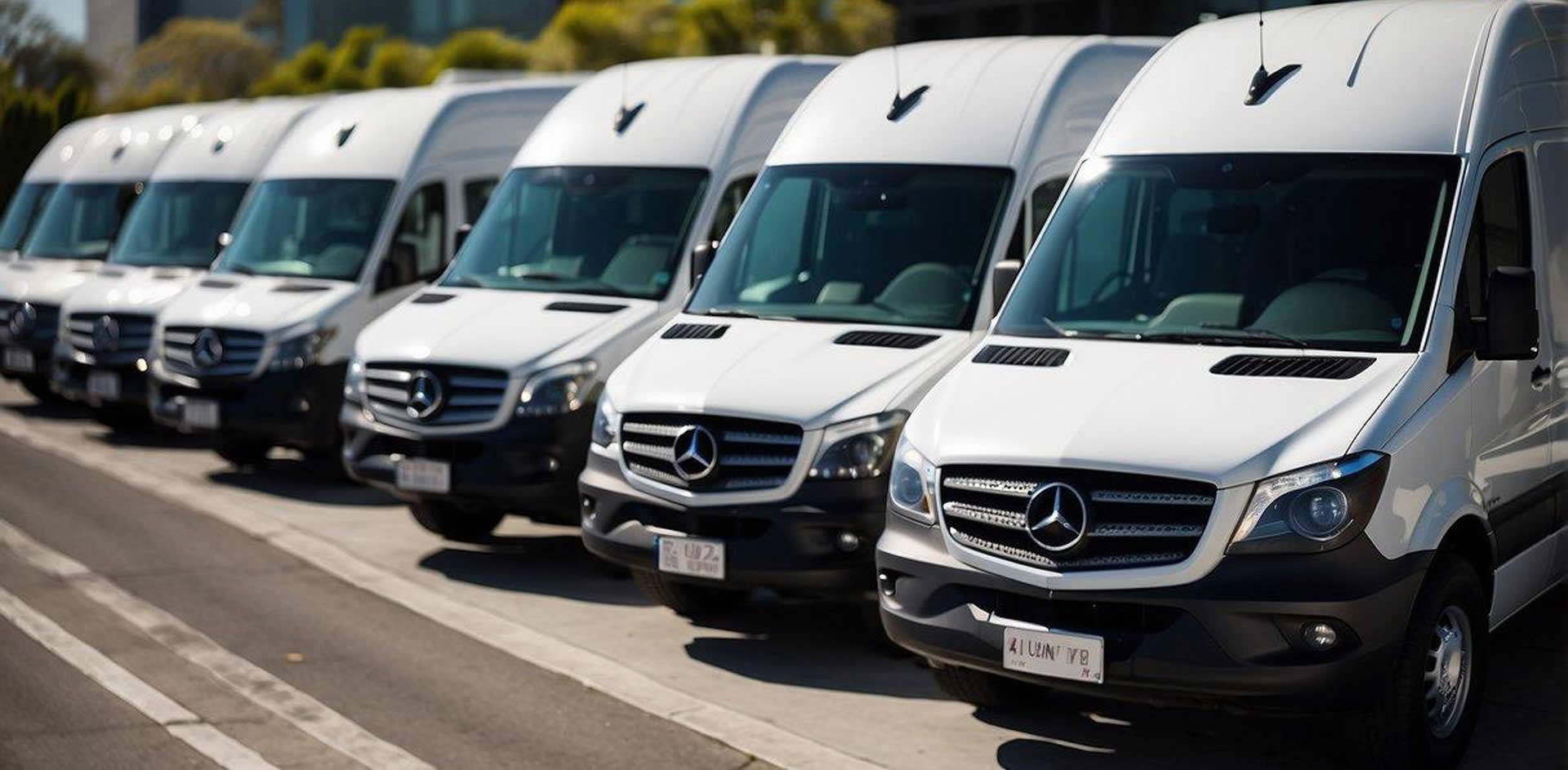 A row of sleek Mercedes Sprinter vans parked outside luxury buildings in Los Angeles. Customers leaving positive feedback on tablets