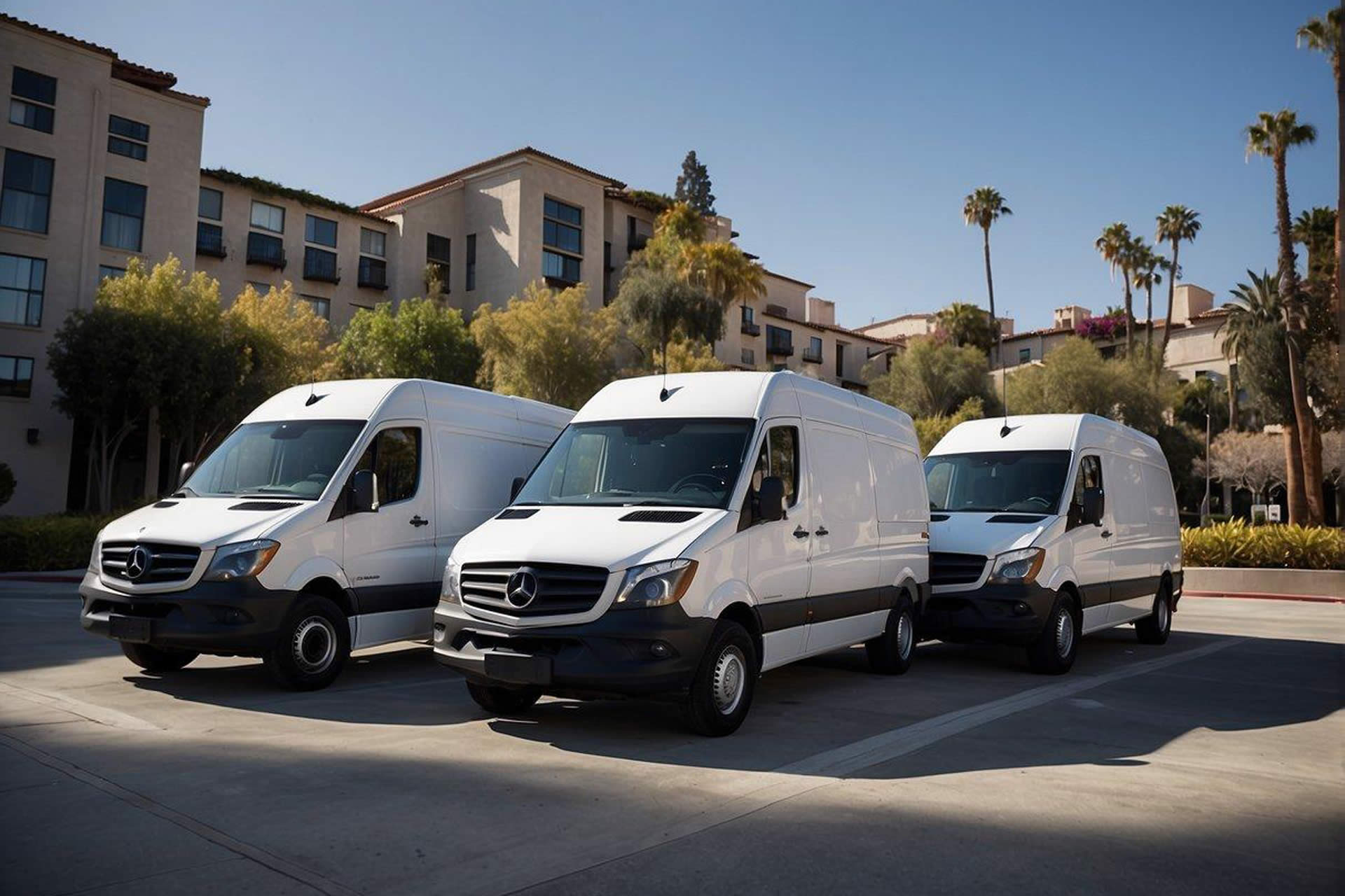Three Mercedes Sprinter vans parked in front of a luxury hotel in Los Angeles, with the company logos displayed prominently on the vehicles