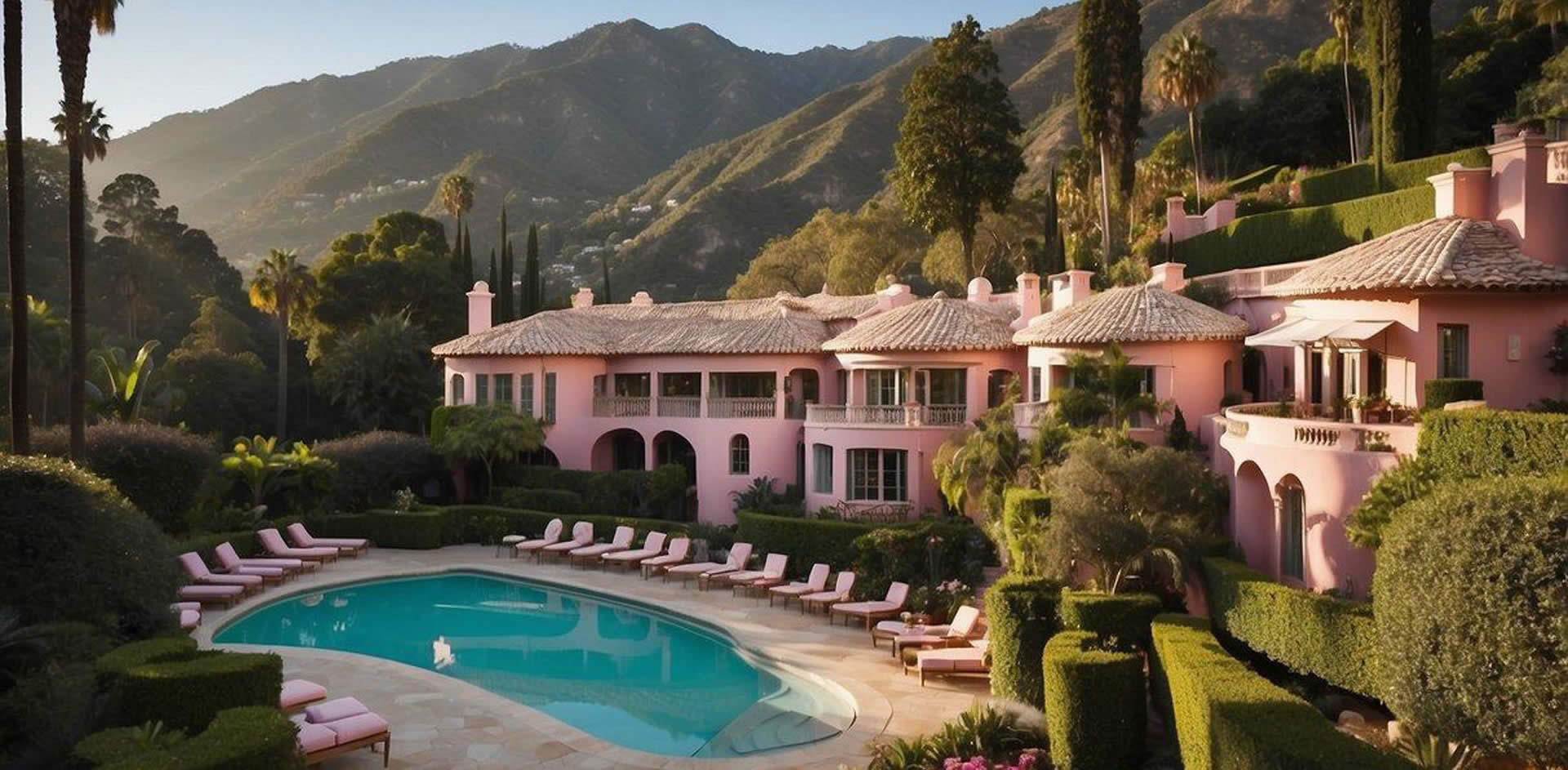 The Hotel Bel-Air stands amidst lush gardens, with a sparkling pool and elegant cabanas. The iconic pink stucco buildings exude luxury, while the surrounding mountains provide a stunning backdrop