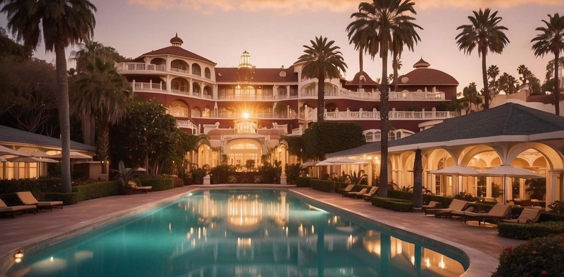 The sun sets behind the iconic Beverly Hills hotel, casting a warm glow over the palm-lined pool and elegant architecture. The scene exudes luxury and relaxation