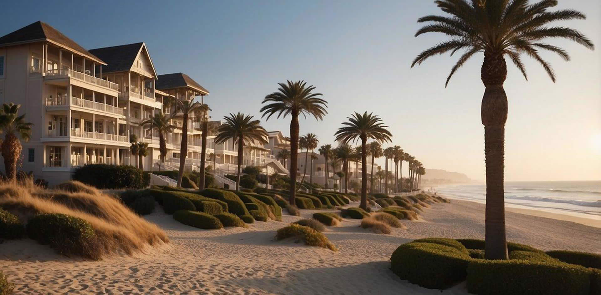 A serene beachfront with elegant shutters, palm trees, and luxurious resort hotels lining the coast of Los Angeles in 2024