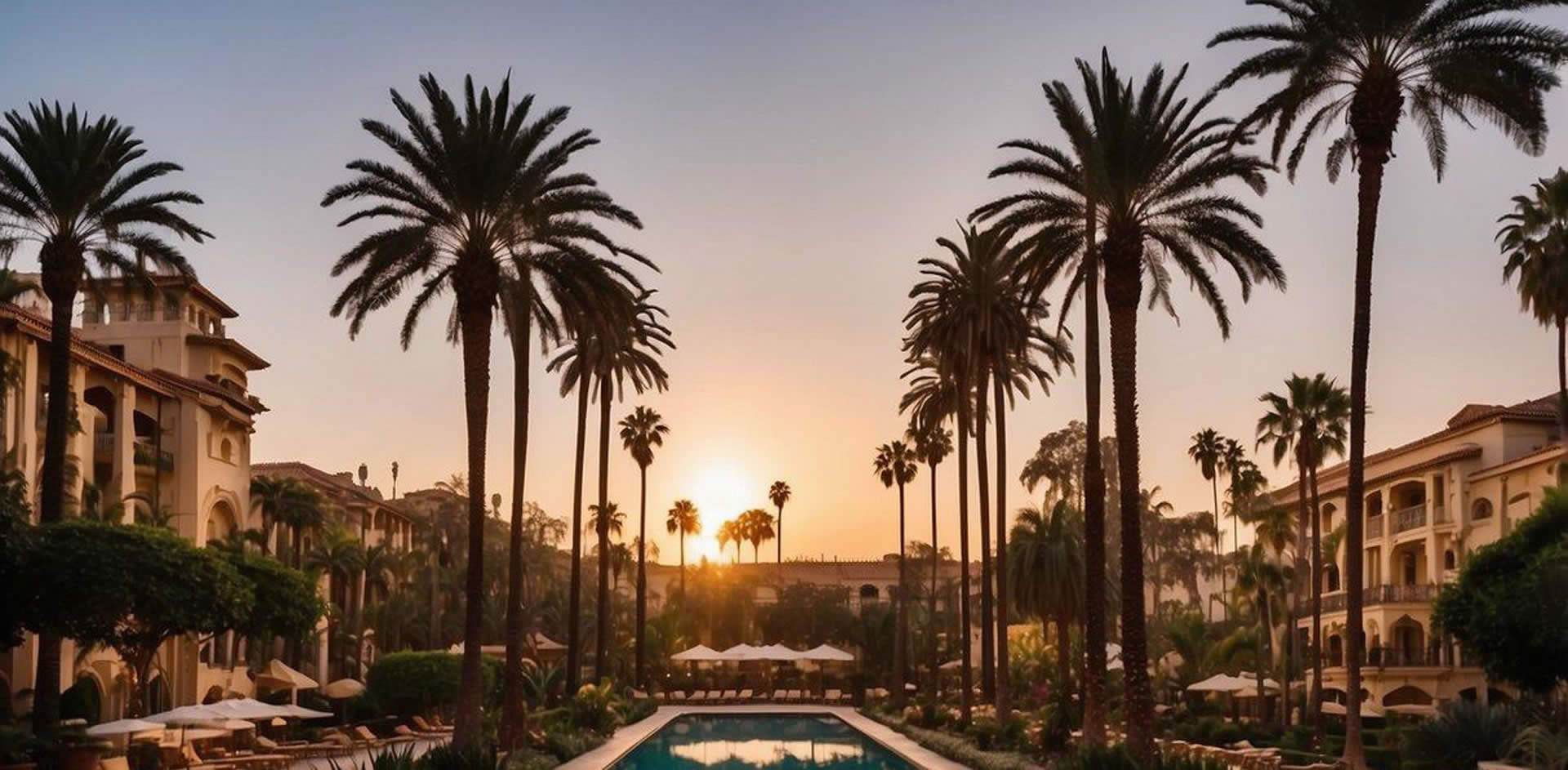 Palm trees sway in the gentle breeze, framing the opulent facades of the top 10 luxury resort hotels in Los Angeles. The sun sets behind the elegant buildings, casting a warm glow over the lavish pool areas and lush gardens