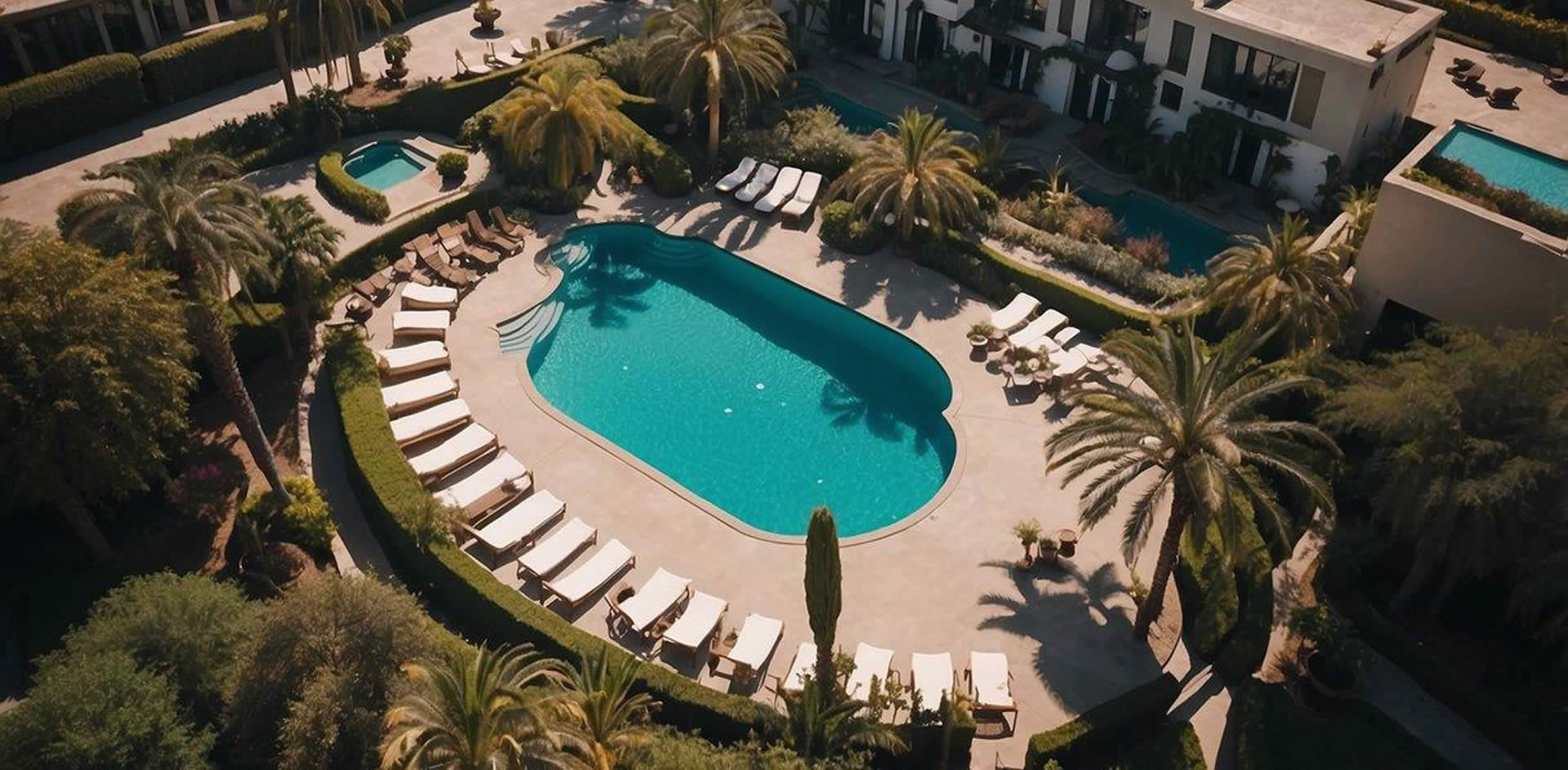 Aerial view of palm-lined poolside at a luxury resort in Los Angeles, with elegant architecture and lush landscaping, overlooking the city skyline