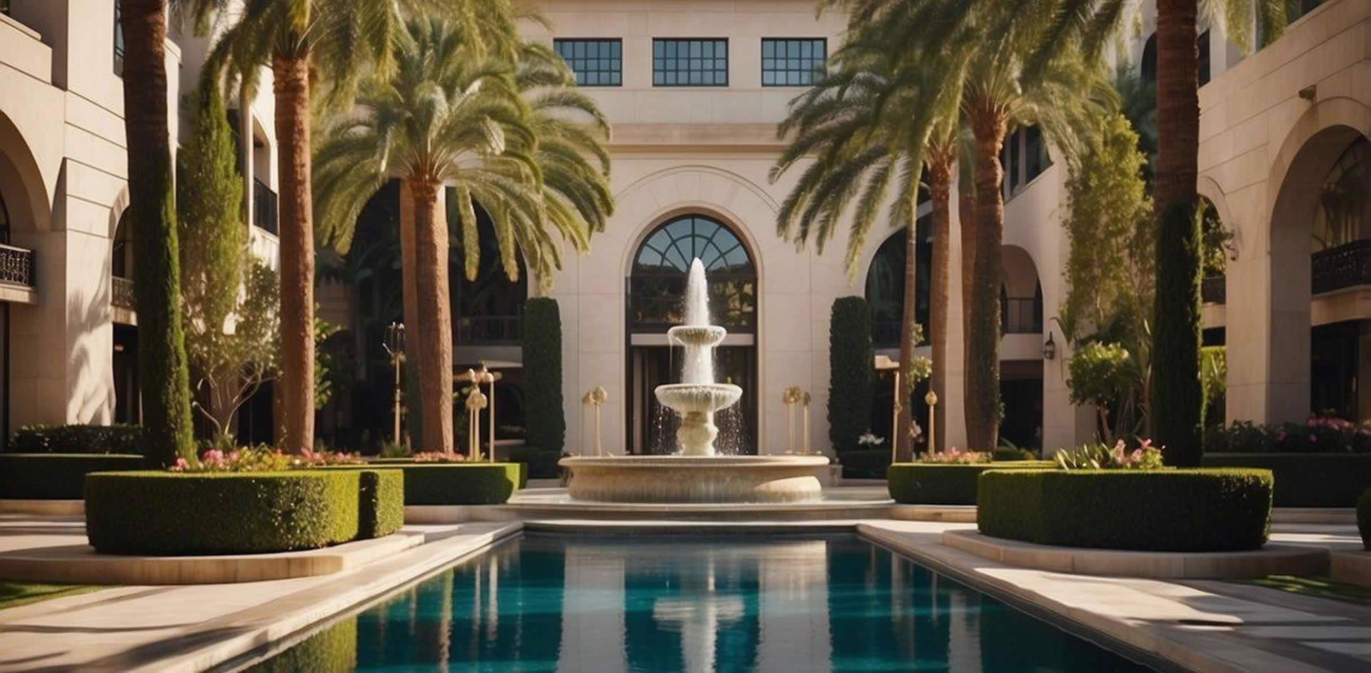 The grand entrance of the Four Seasons Hotel Los Angeles at Beverly Hills, with lush landscaping and a luxurious fountain, sets the scene for a top-tier luxury resort experience