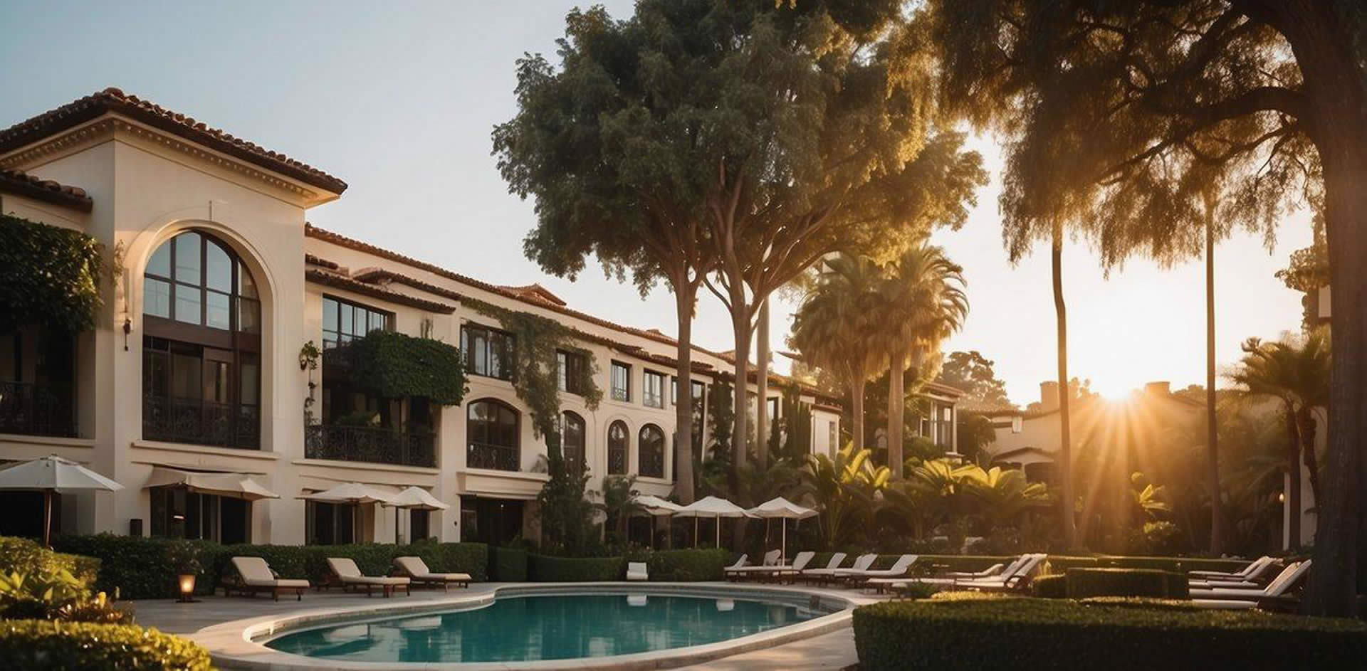 A luxurious hotel nestled in the heart of Beverly Hills, surrounded by lush greenery and modern architecture. The sun sets behind the hotel, casting a warm glow over the elegant exterior