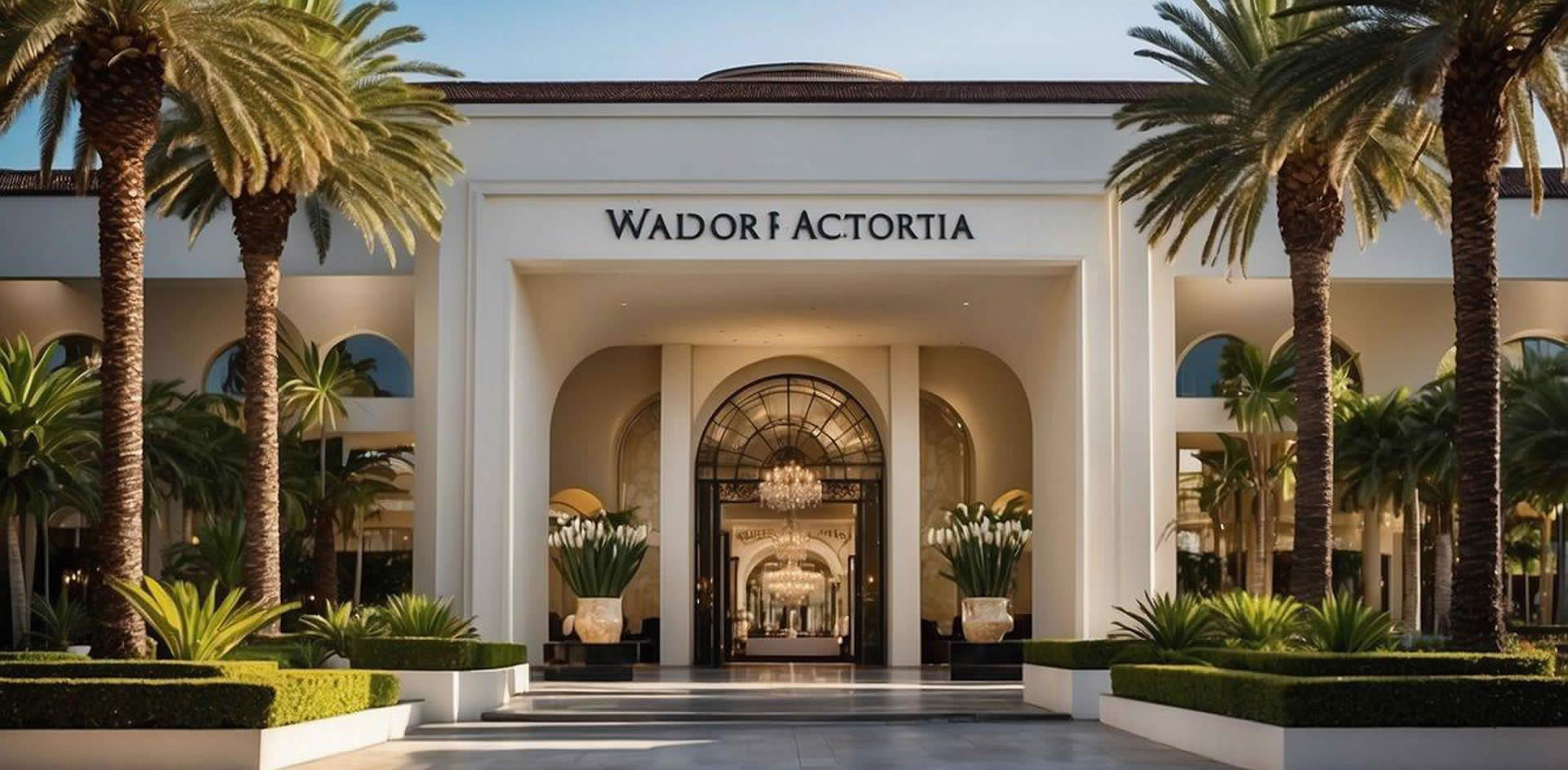 The grand entrance of Waldorf Astoria Beverly Hills, with palm trees lining the driveway and the iconic hotel facade rising in the background