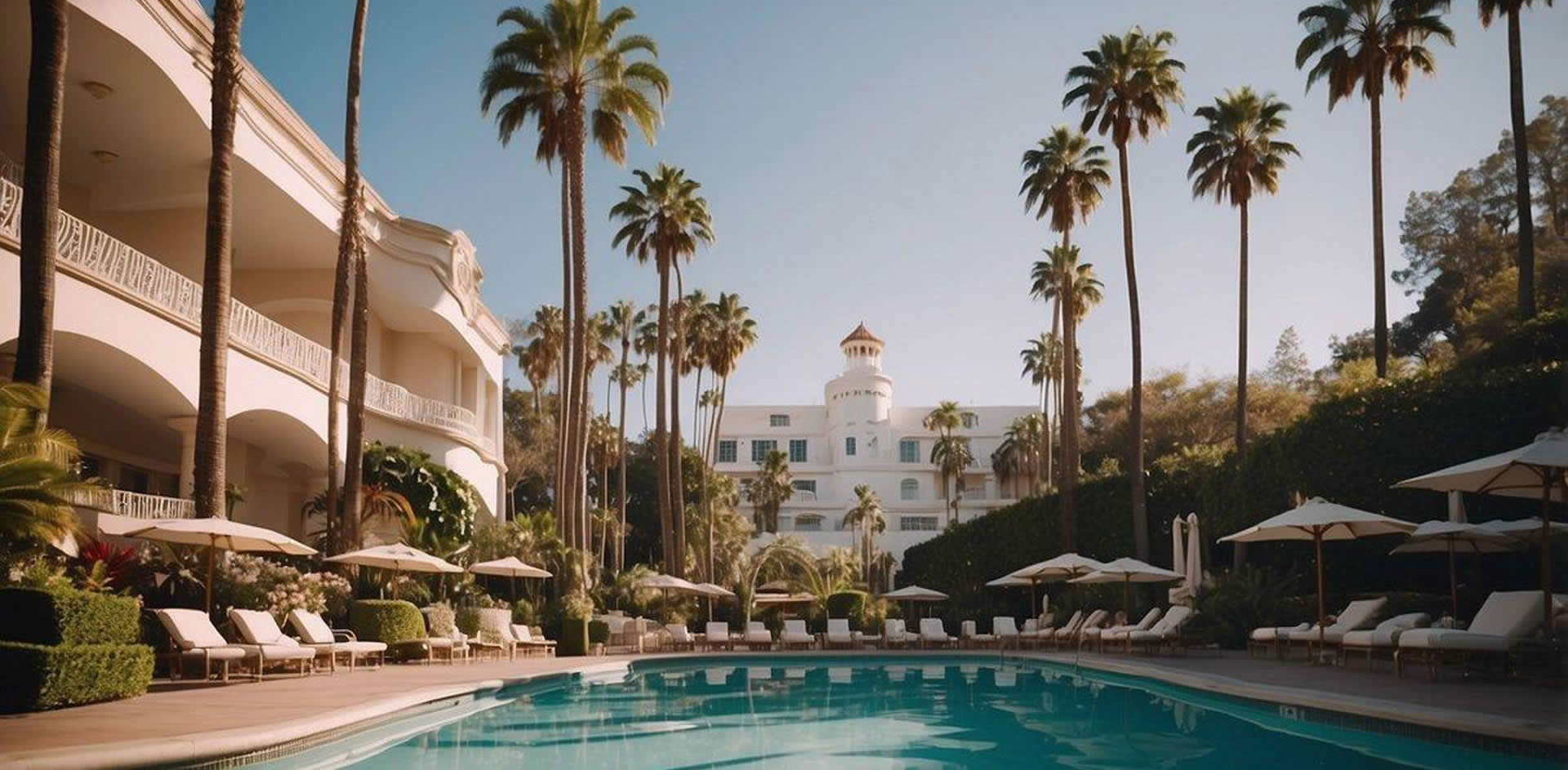 The iconic Beverly Hills Hotel, surrounded by lush palm trees and a sparkling pool, exudes luxury and elegance in the heart of Los Angeles