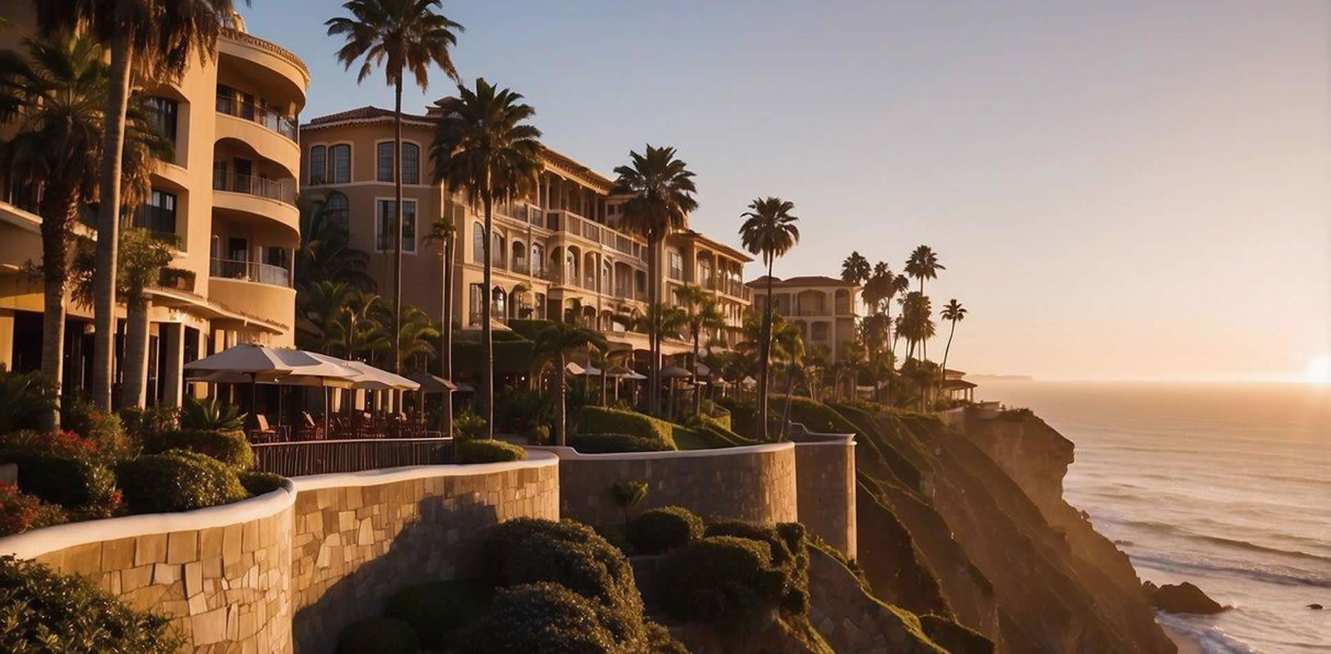 The Fairmont Miramar Hotel & Bungalows sits atop a cliff overlooking the Pacific Ocean. Palm trees sway in the gentle breeze as the sun sets behind the luxurious resort, casting a warm glow over the elegant architecture