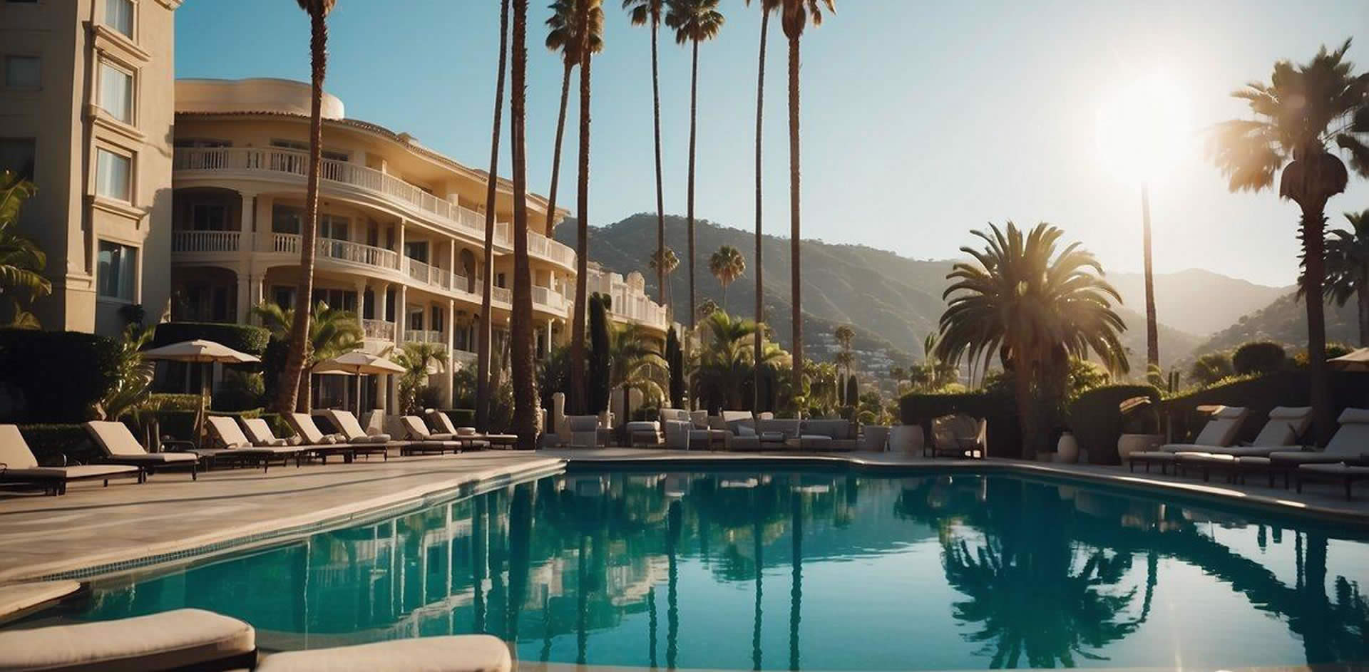 A grand hotel with palm trees and a sparkling pool, set against the backdrop of the Hollywood Hills