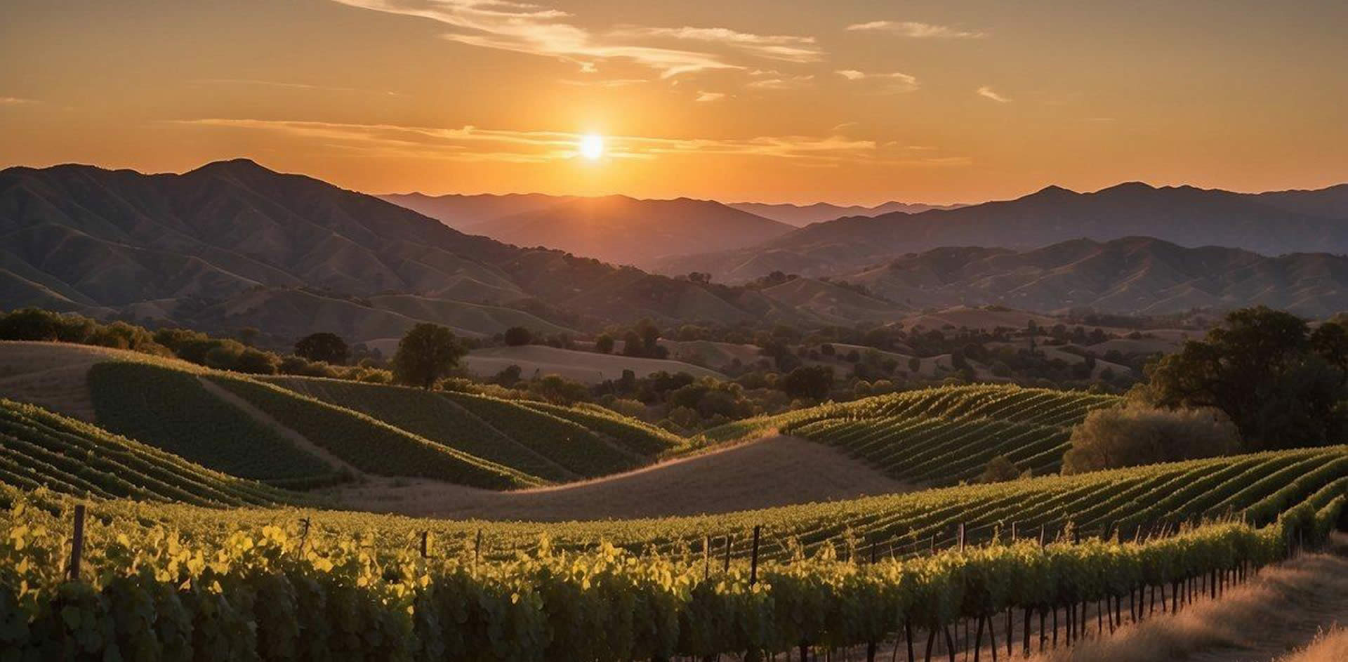 Rolling hills stretch to the horizon, adorned with lush vineyards and wineries. The sun sets behind the Santa Ynez mountains, casting a warm glow over the picturesque scenery