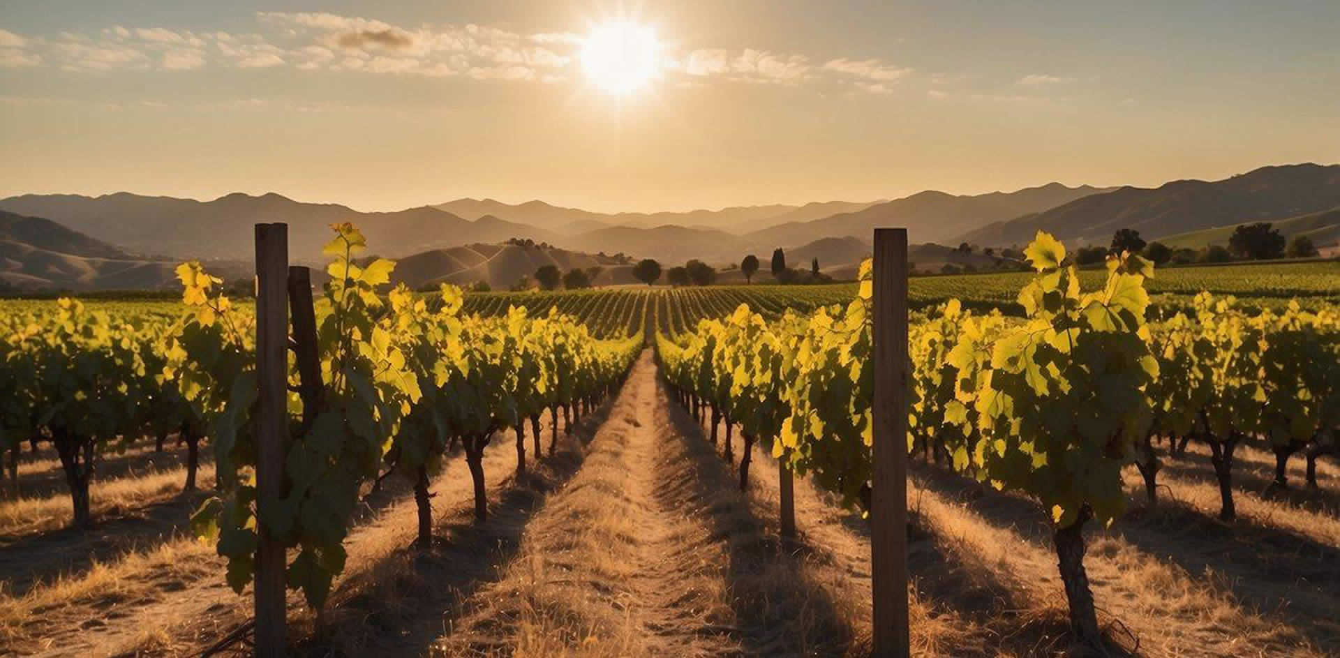 Lush vineyards sprawl across rolling hills, framed by the distant Santa Ynez Mountains. A warm, golden sun bathes the landscape, casting long shadows over the rows of grapevines