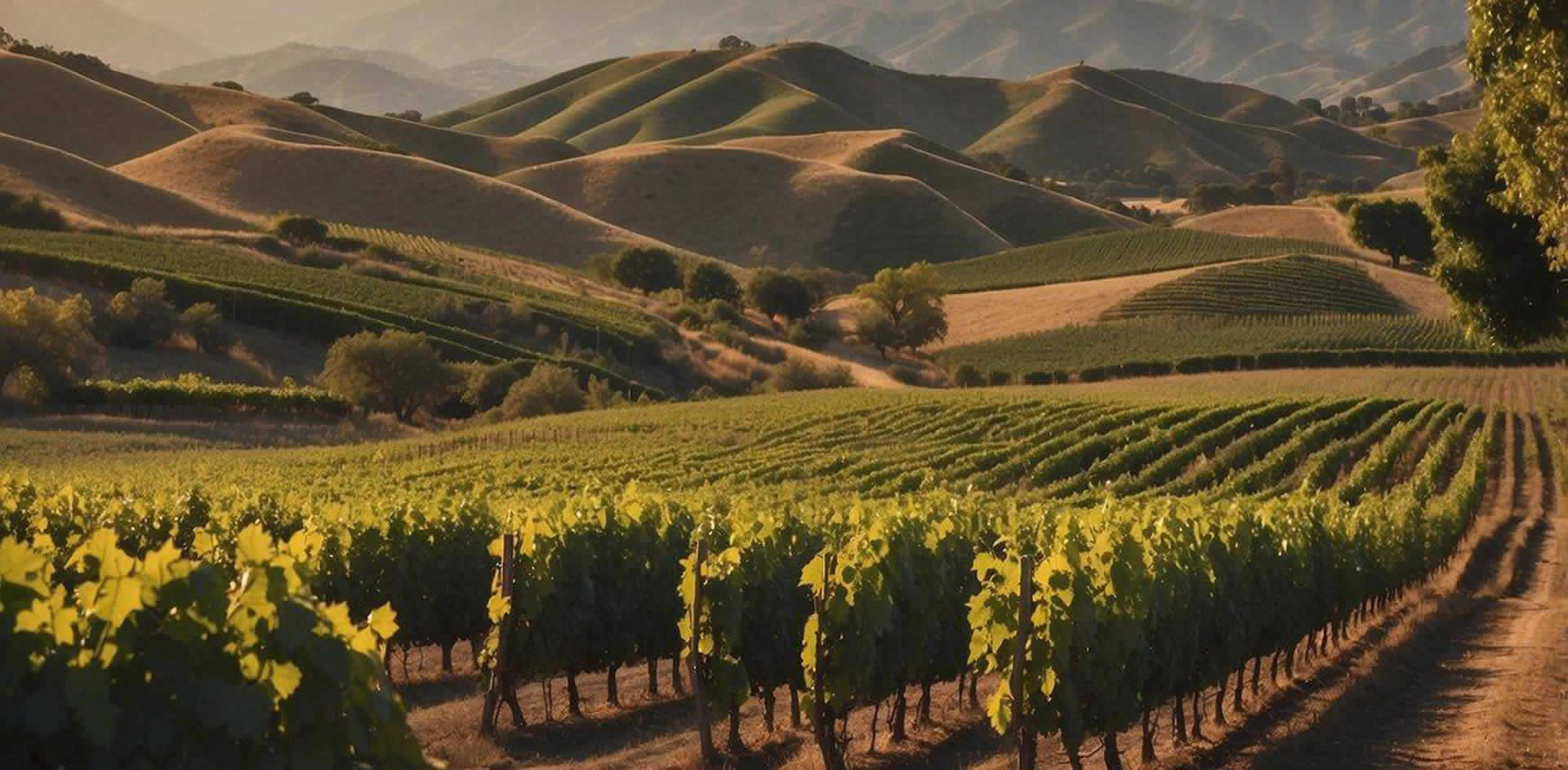 Rolling hills covered in lush vineyards, with a backdrop of the Santa Ynez Mountains. A historic Spanish-style winery stands proudly, surrounded by rows of grapevines