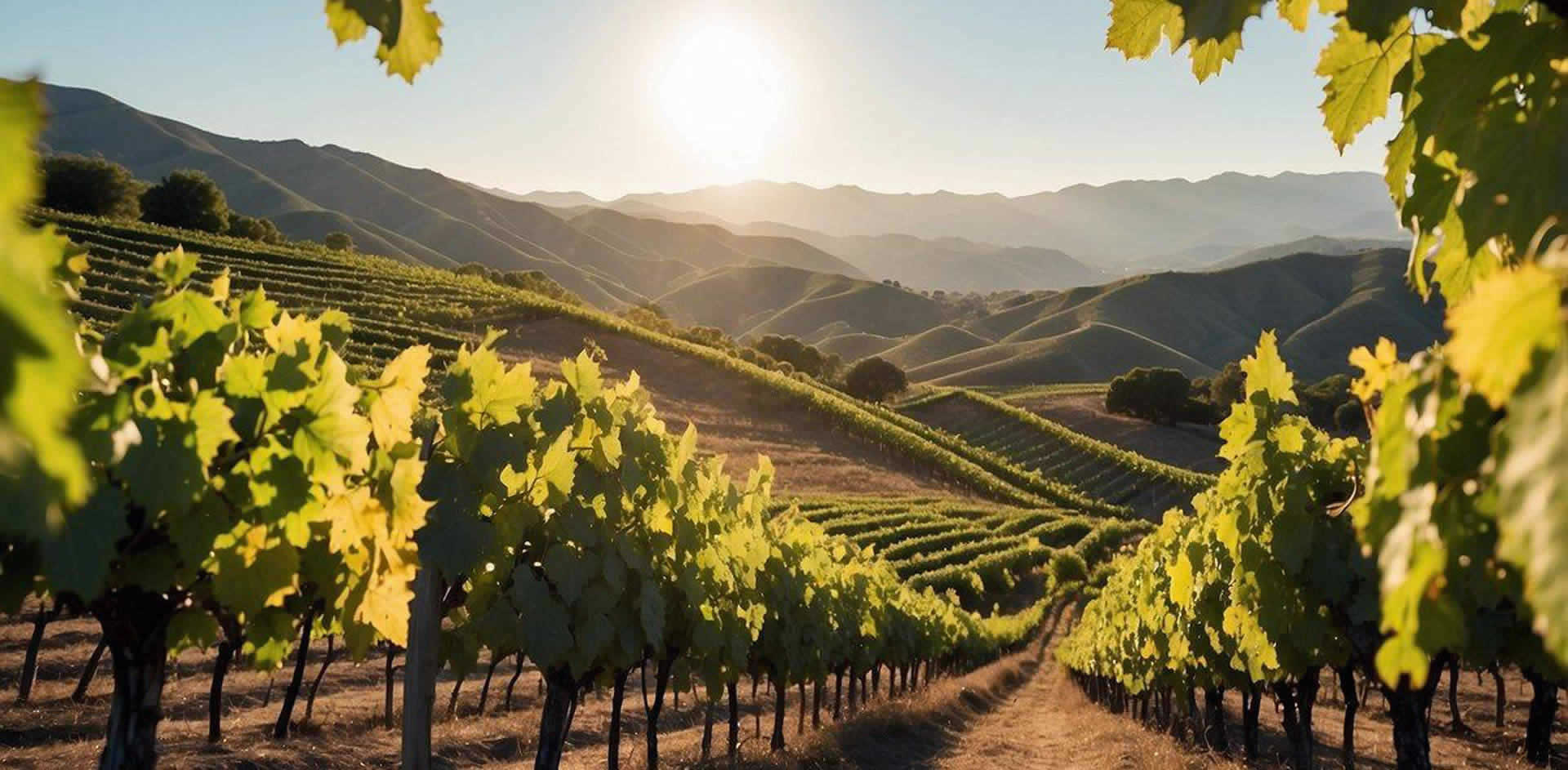 Rolling hills covered in vineyards, with a backdrop of the Santa Ynez Mountains. The sun shines on the lush greenery, and a cool ocean breeze sweeps through the rows of grapevines