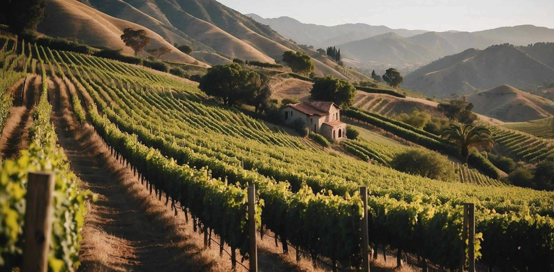 Rolling hills lined with lush vineyards, dotted with charming wineries in the Santa Barbara countryside