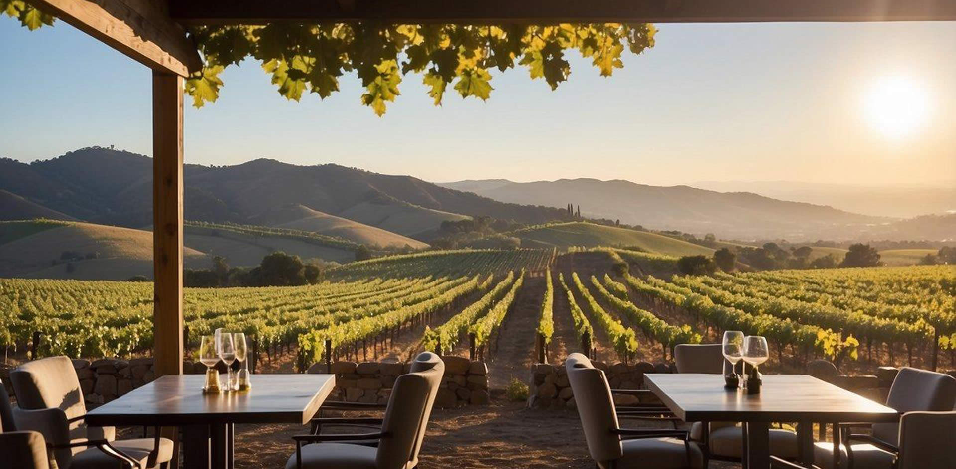 Vineyard overlooks rolling hills, with rows of grapevines stretching into the distance. A rustic tasting room and outdoor patio offer panoramic views of the lush wine country