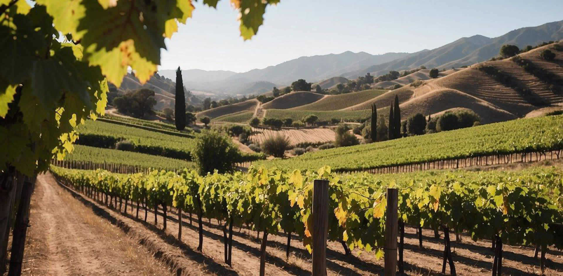 Vineyards stretch across rolling hills, with rows of grapevines basking in the warm California sun. A rustic winery stands in the distance, surrounded by lush greenery and a sense of community