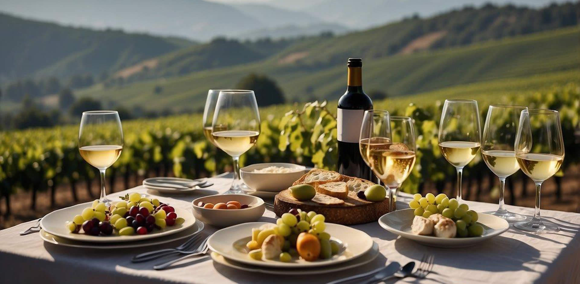 A table set with a variety of dishes and glasses of wine, surrounded by lush vineyards and rolling hills in the background