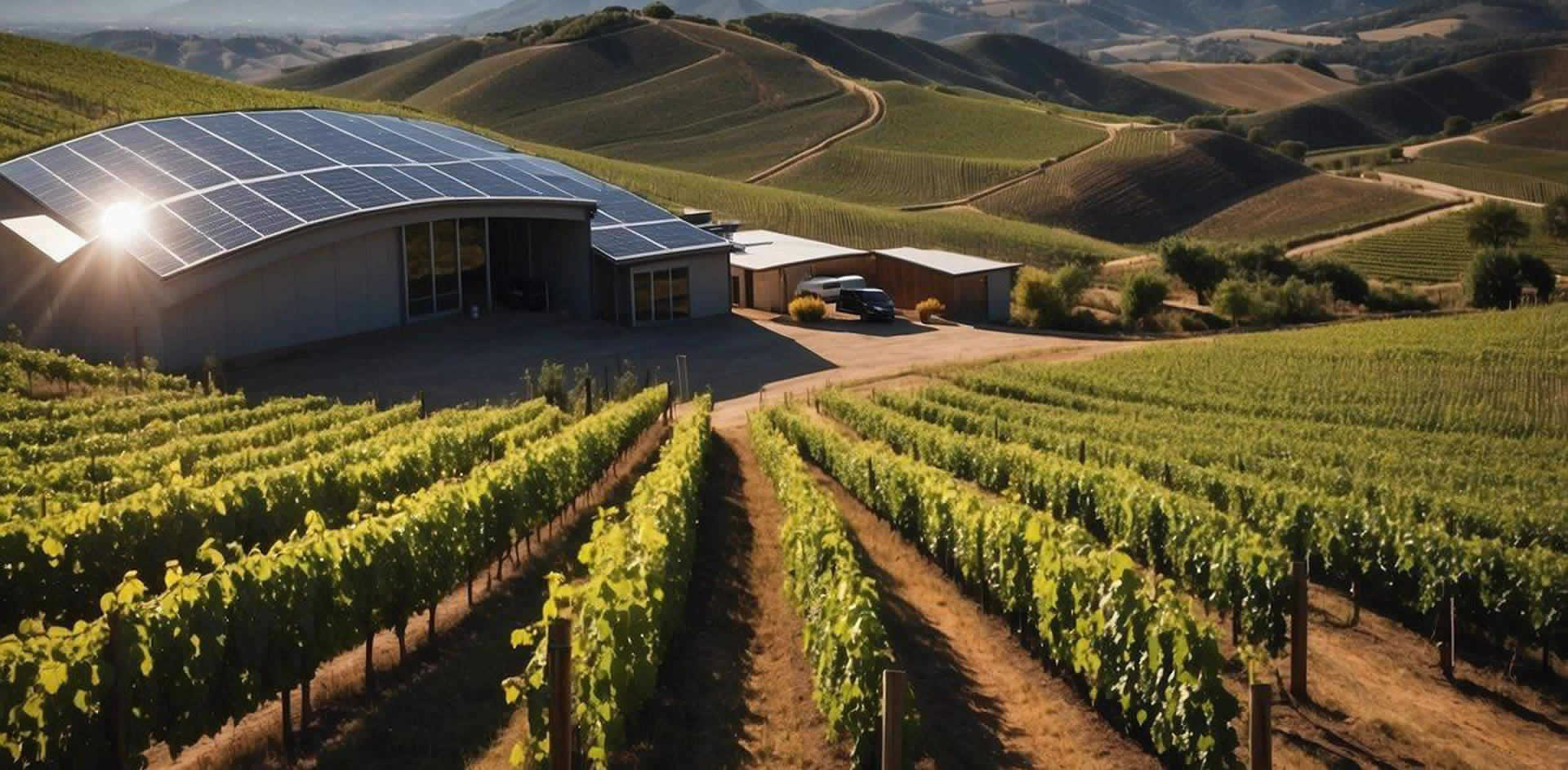 Vineyards nestled among rolling hills, with solar panels and wind turbines in the background. A modern winery building with water recycling systems and electric vehicles