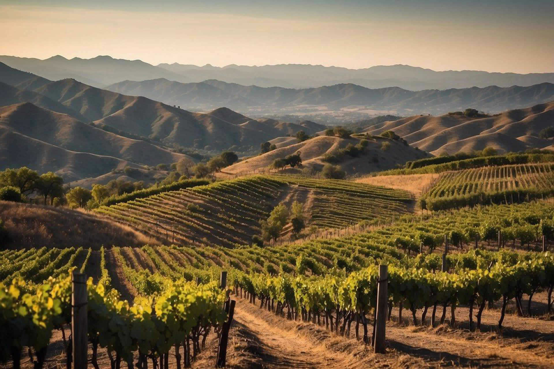 Vineyards sprawl across rolling hills, framed by the Santa Ynez Mountains. Rustic wineries dot the landscape, with rows of grapevines stretching towards the horizon