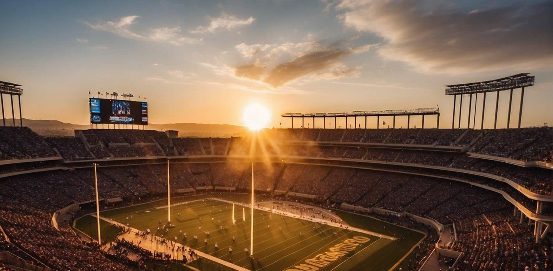 The sun sets behind the historic Los Angeles Memorial Coliseum as a crowd gathers for a thrilling sporting event. The iconic venue is surrounded by palm trees and the city skyline, creating a vibrant and energetic atmosphere