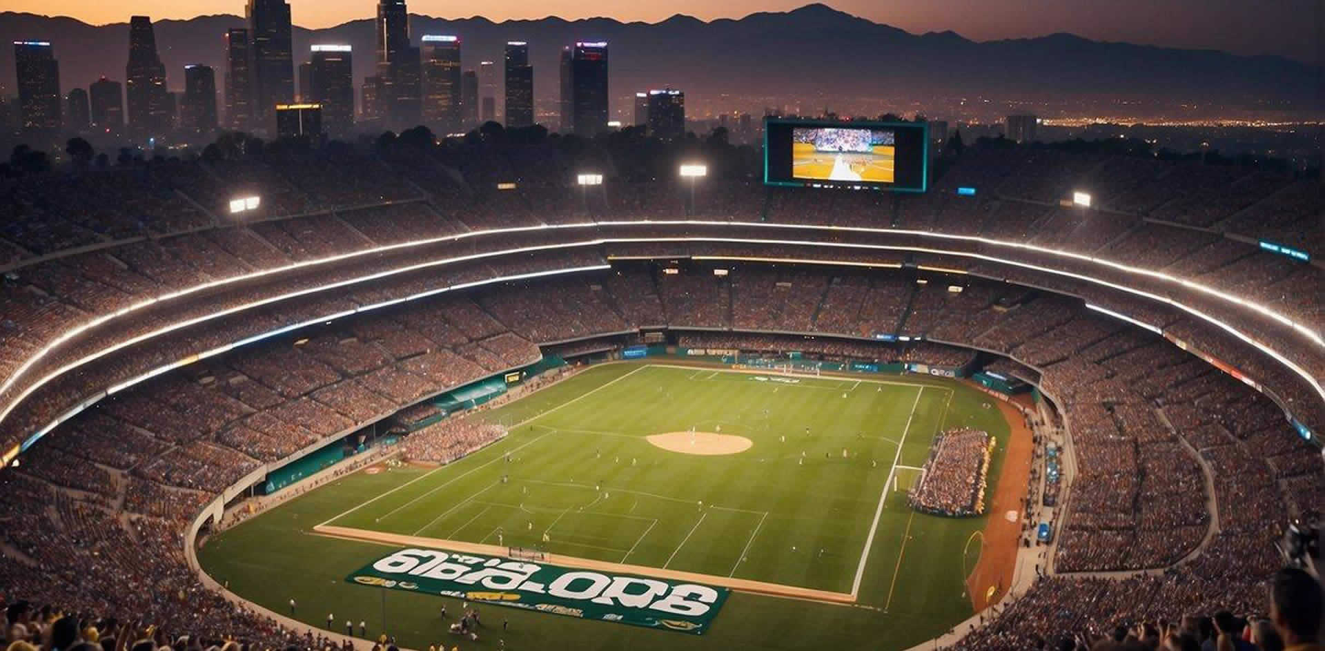 A crowded stadium with cheering fans, teams competing in various sports, a vibrant atmosphere with banners and flags, and a backdrop of the Los Angeles skyline