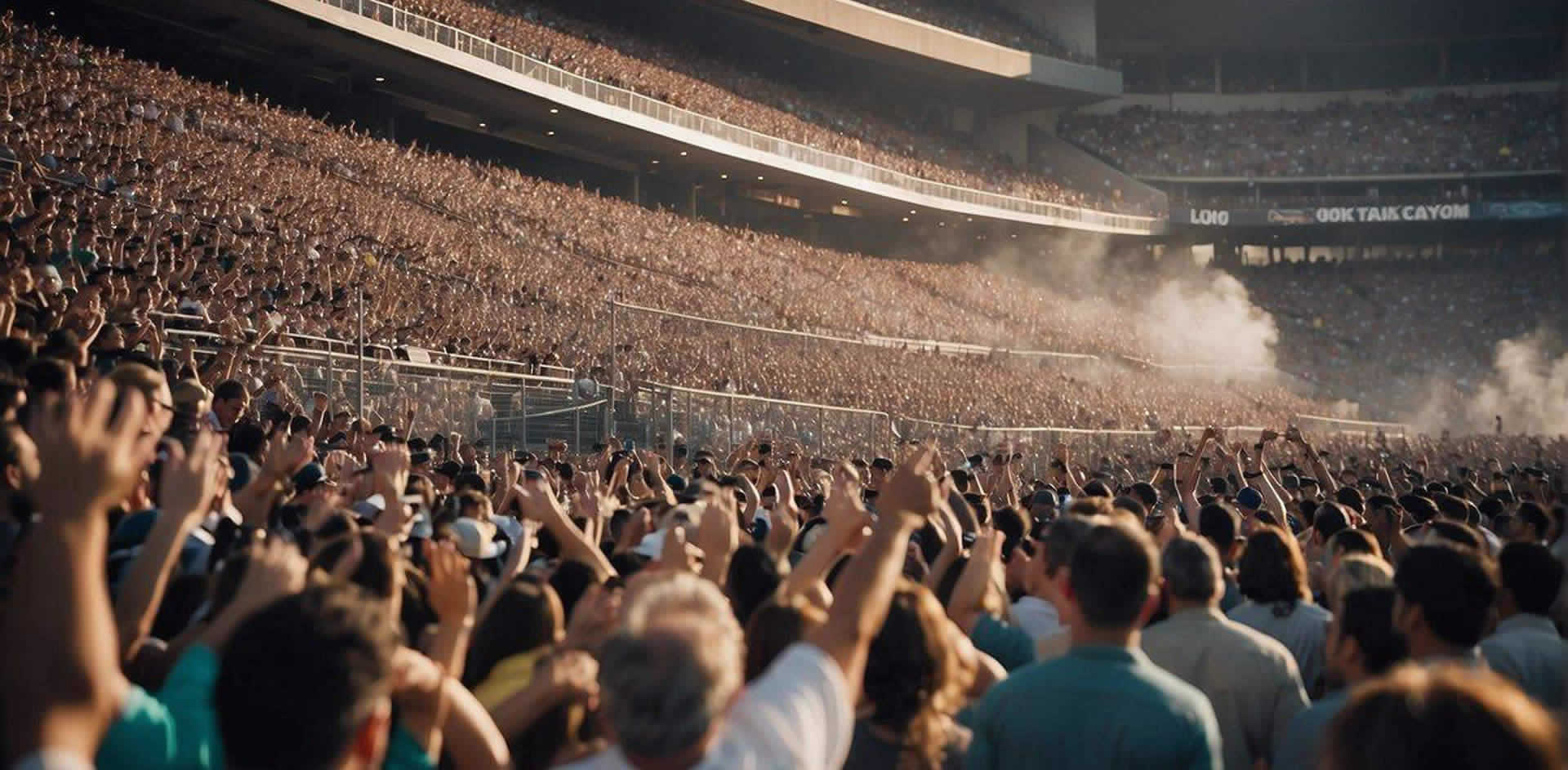 Fans cheer and wave banners at a packed stadium during a thrilling sporting event in Los Angeles. The energy is electric as the crowd erupts in excitement