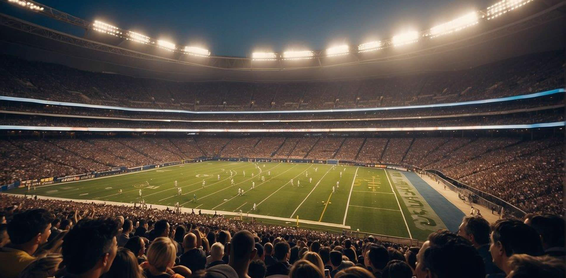 Crowds fill stadium seats, cheering at top 10 LA sporting events. Bright lights illuminate the action-packed scenes, capturing the excitement and energy of the games